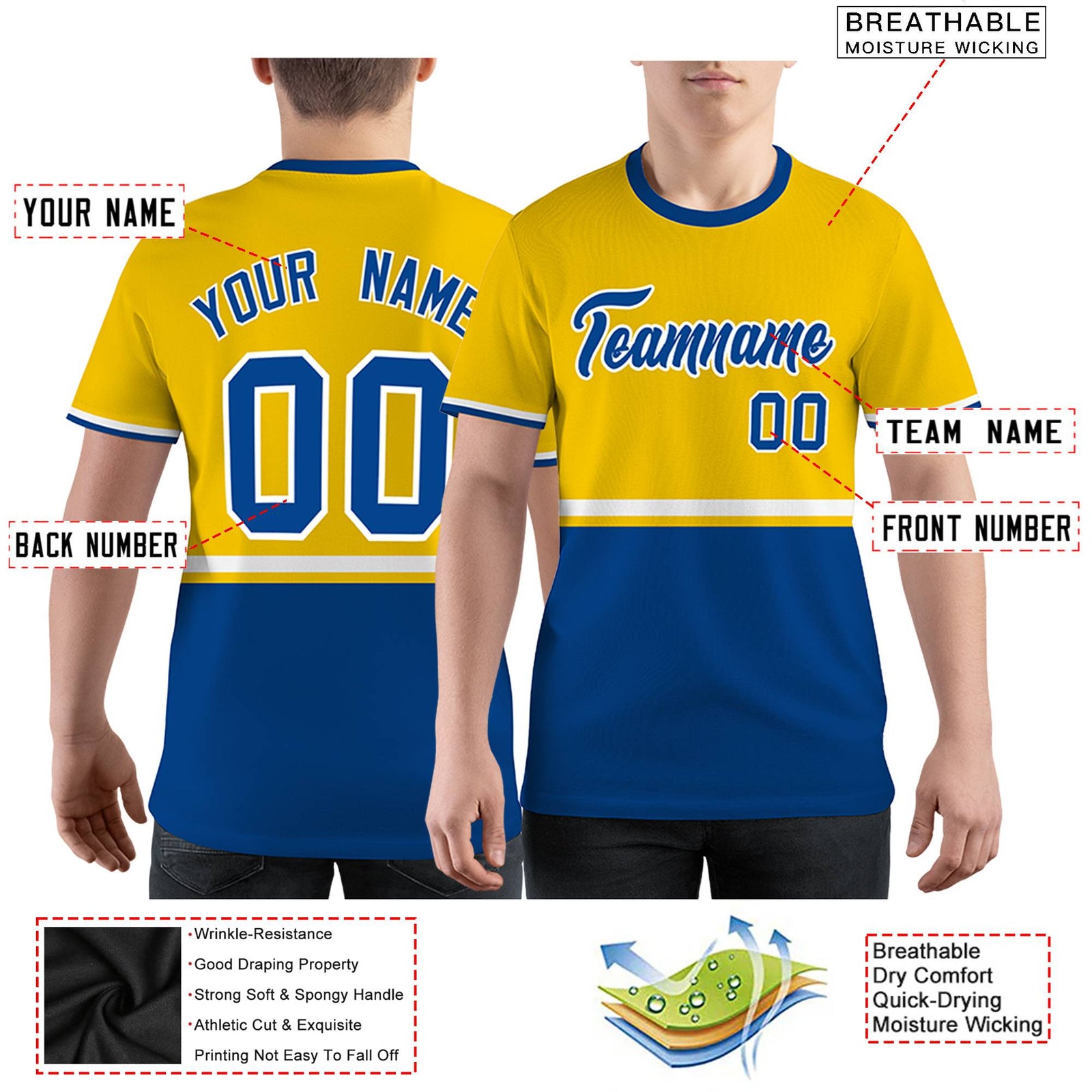 Custom Gold01 Royal Blue-White Color Block Design Performance T-Shirt