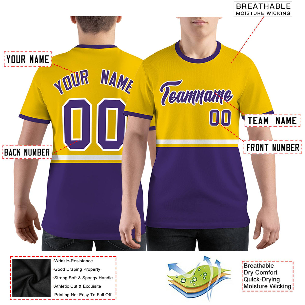 Custom Gold01 Purple-White Color Block Design Performance T-Shirt