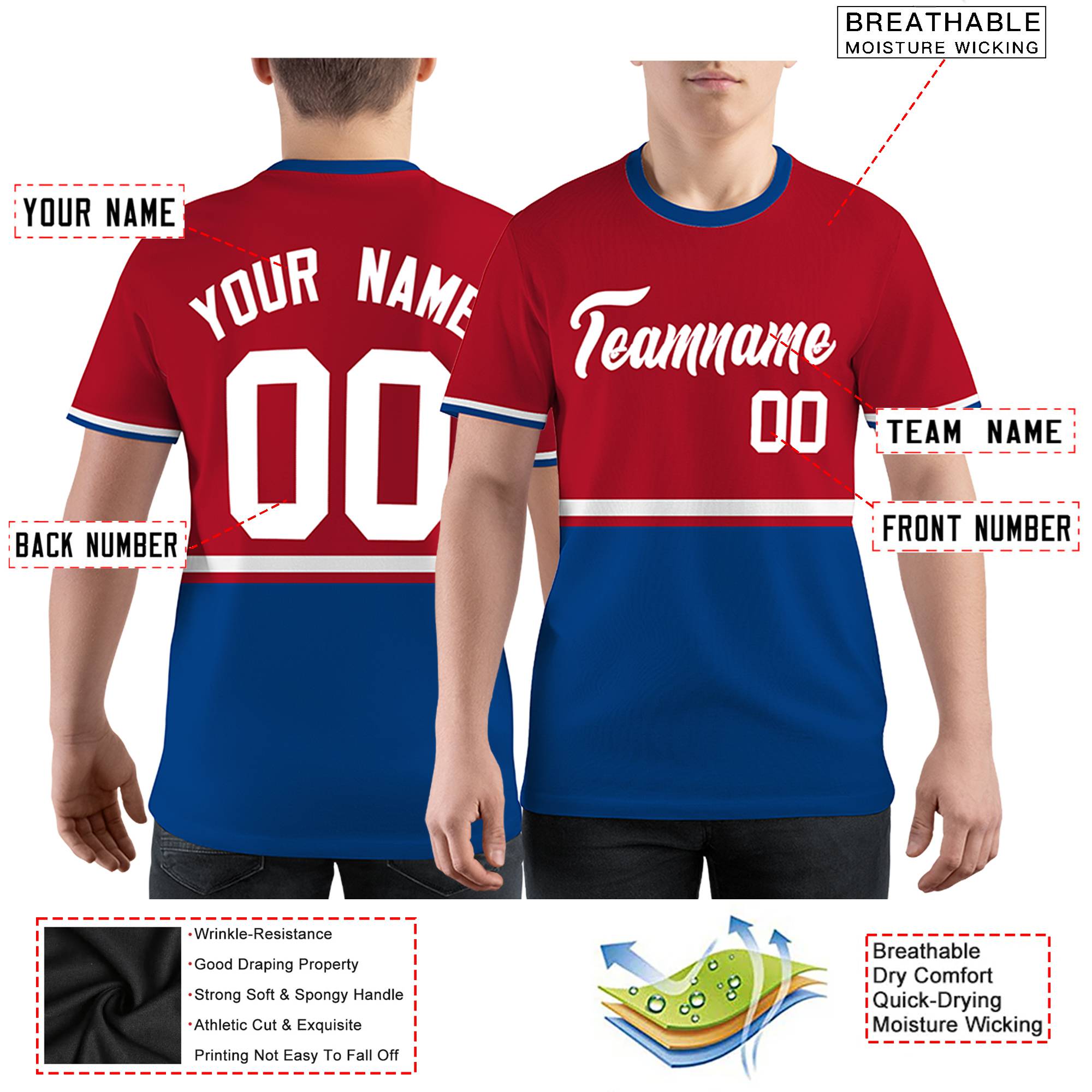 Custom Red Royal Blue-White Color Block Design Performance T-Shirt