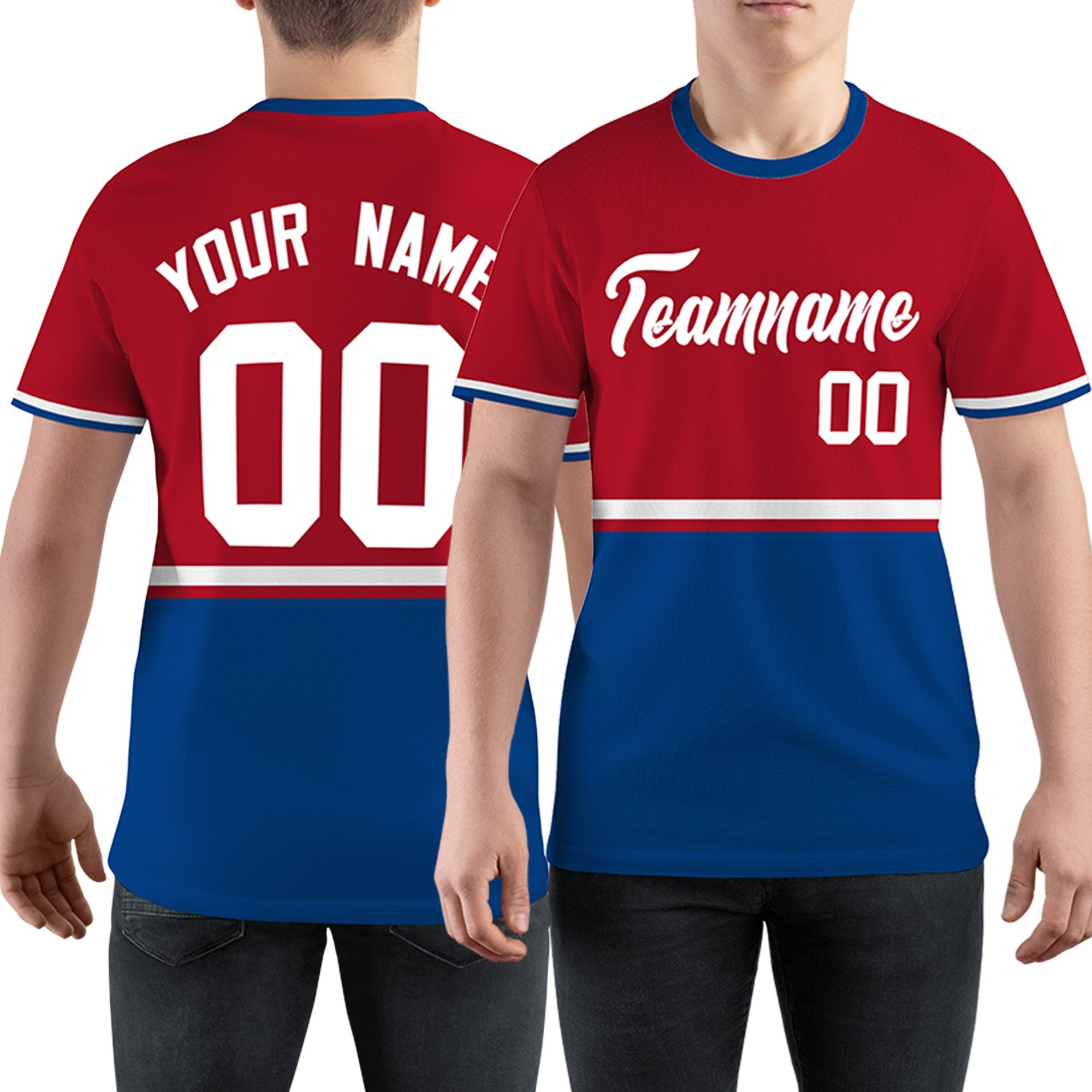 Custom Red Royal Blue-White Color Block Design Performance T-Shirt