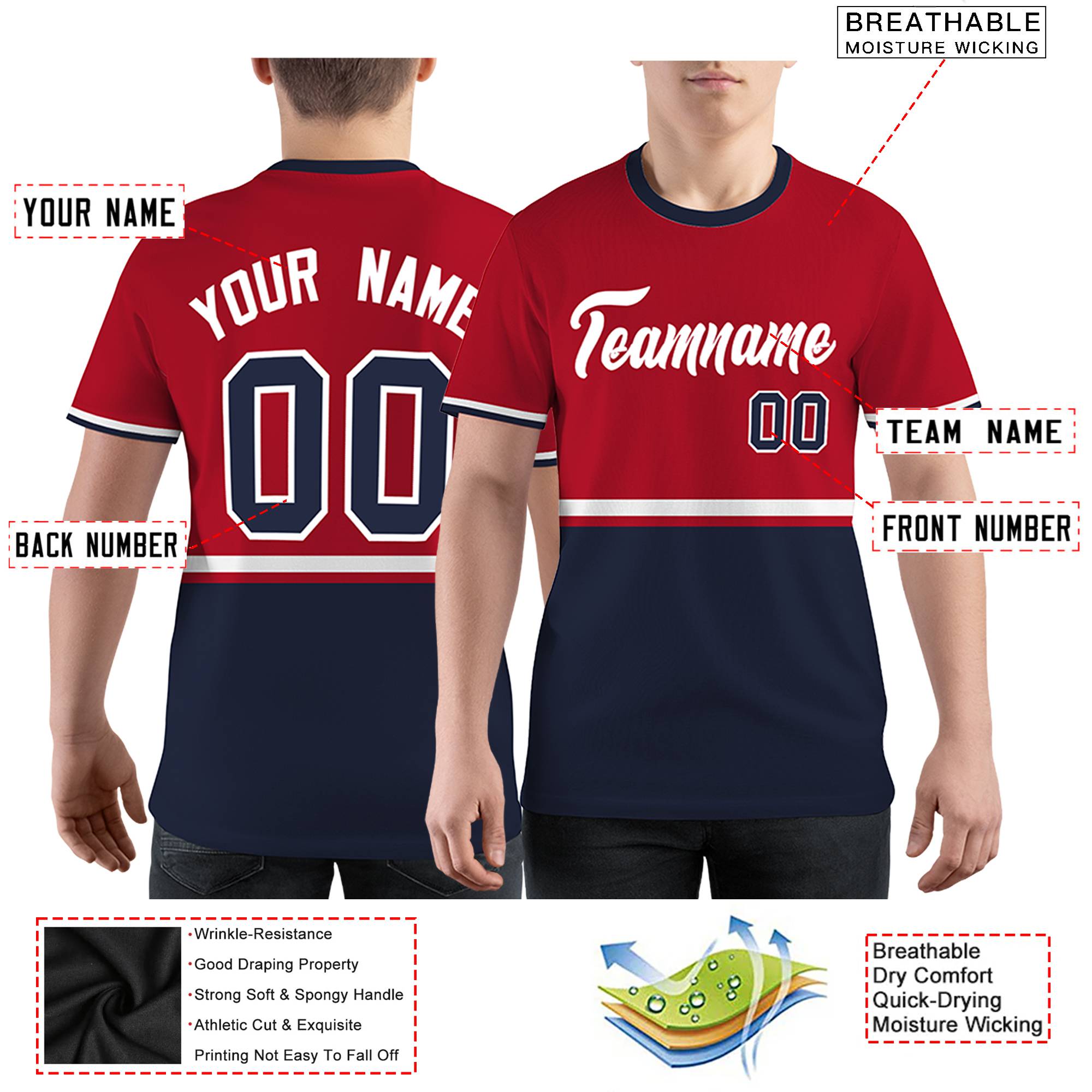 Custom Red Navy-White Color Block Design Performance T-Shirt