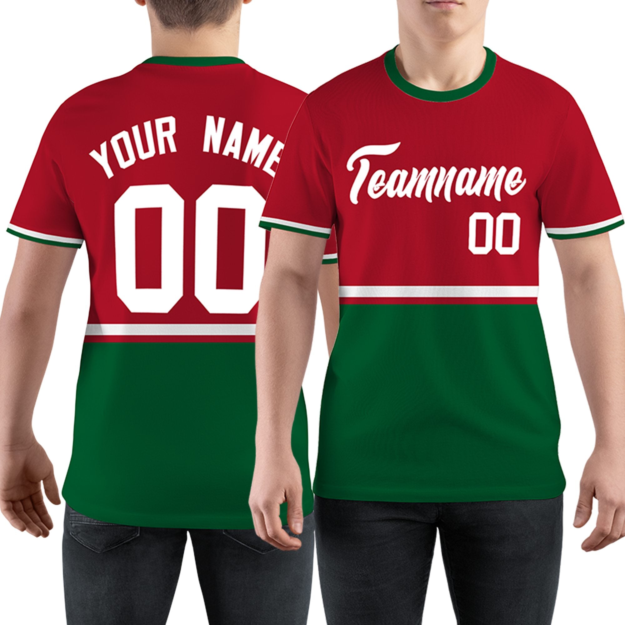 Custom Red Kelly Green-White Color Block Design Performance T-Shirt