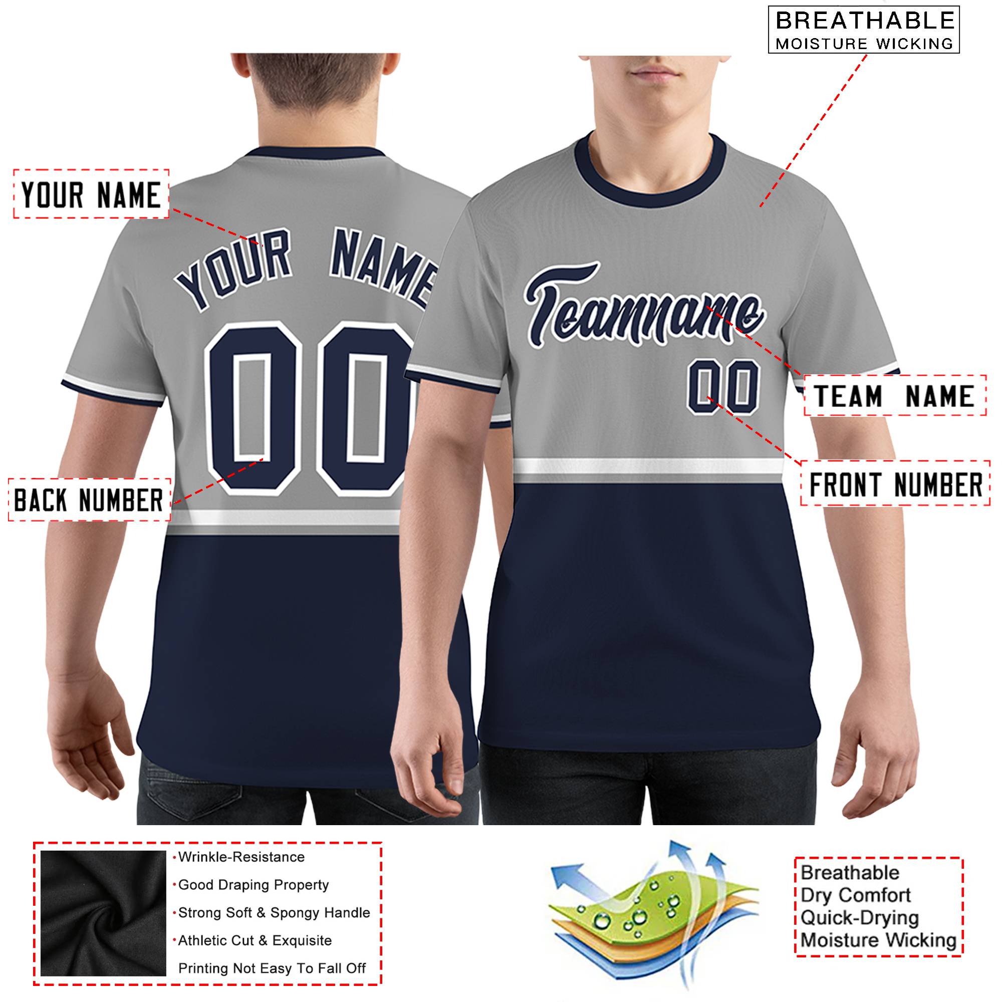 Custom Gray Navy-White Color Block Design Performance T-Shirt