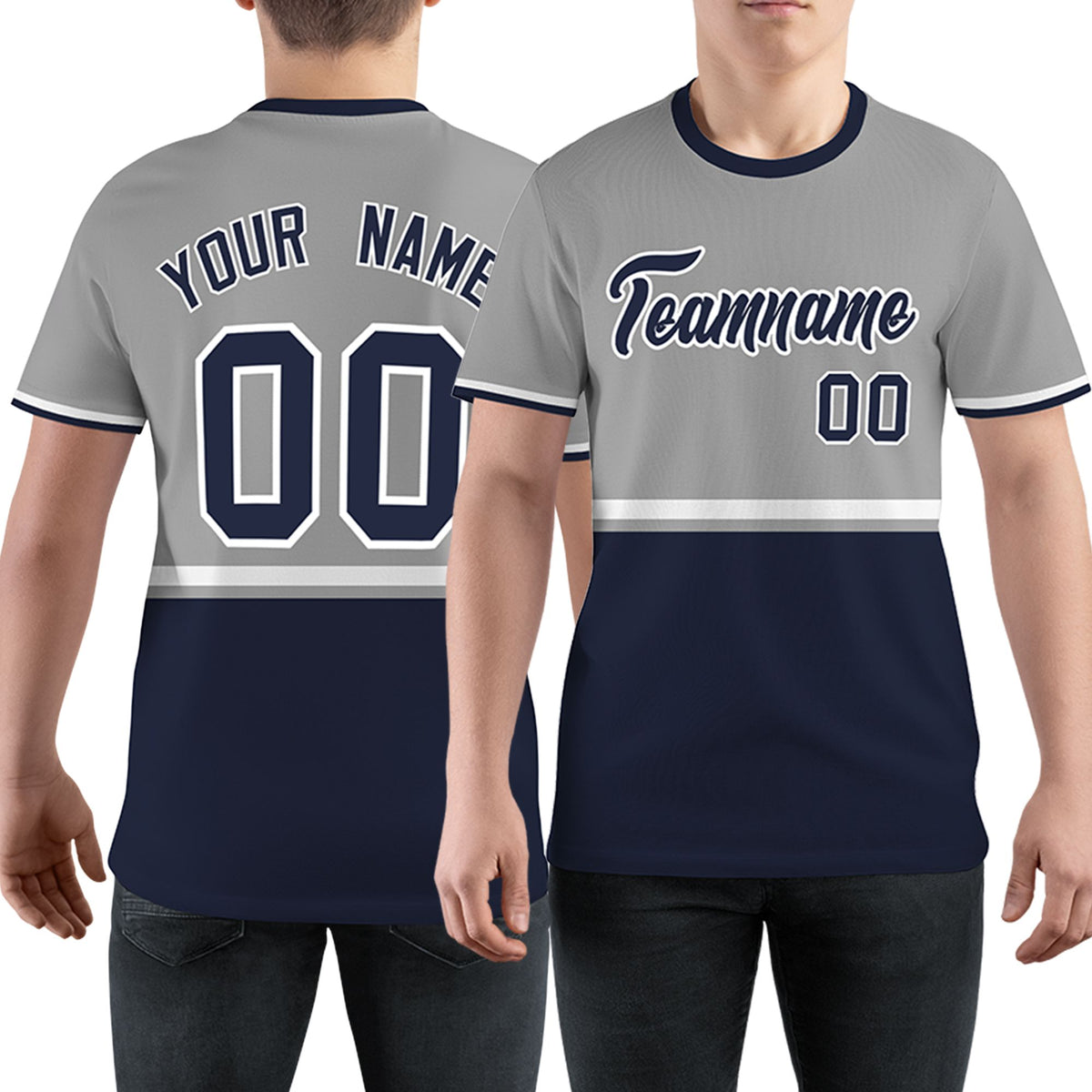 Custom Gray Navy-White Color Block Design Performance T-Shirt
