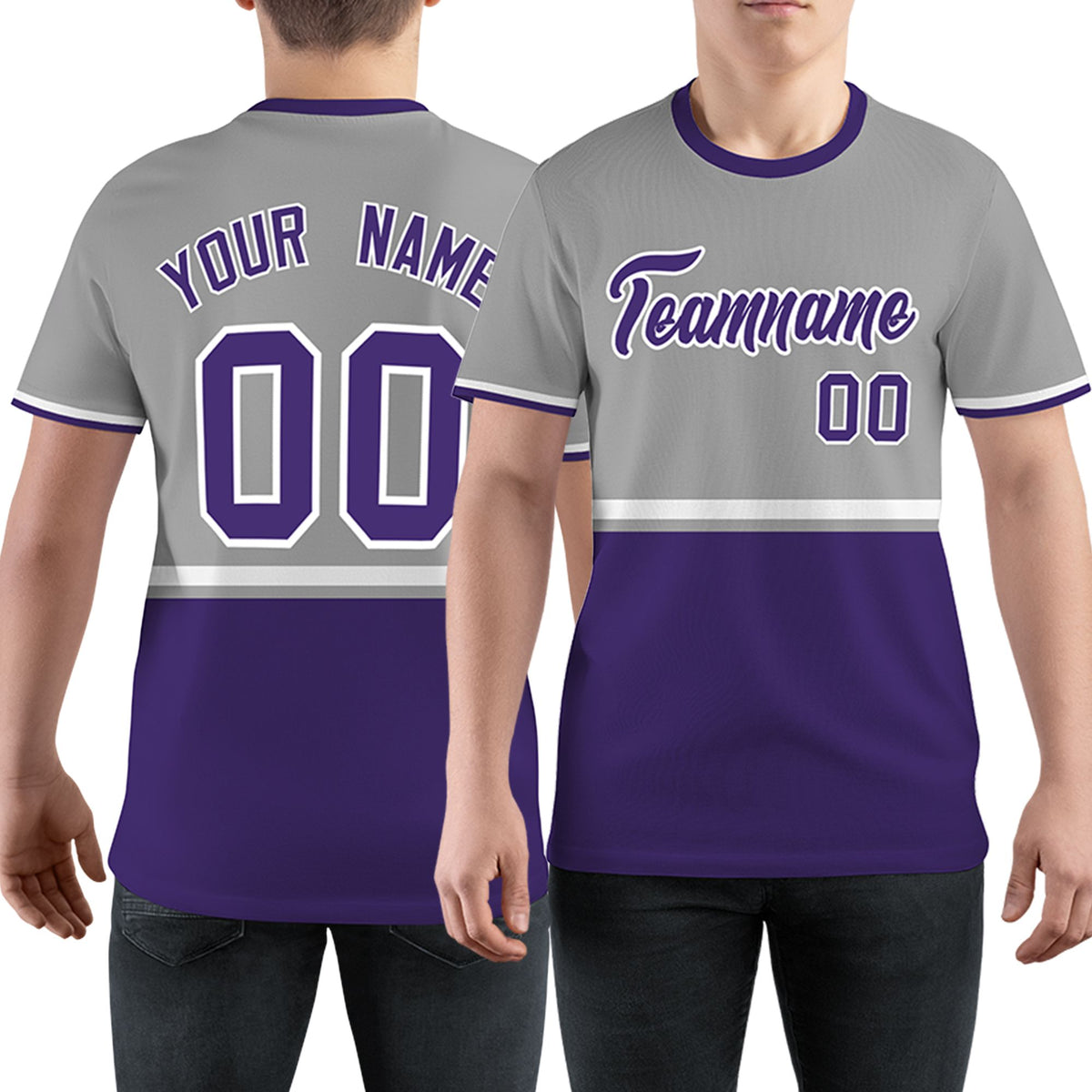 Custom Gray Purple-White Color Block Design Performance T-Shirt
