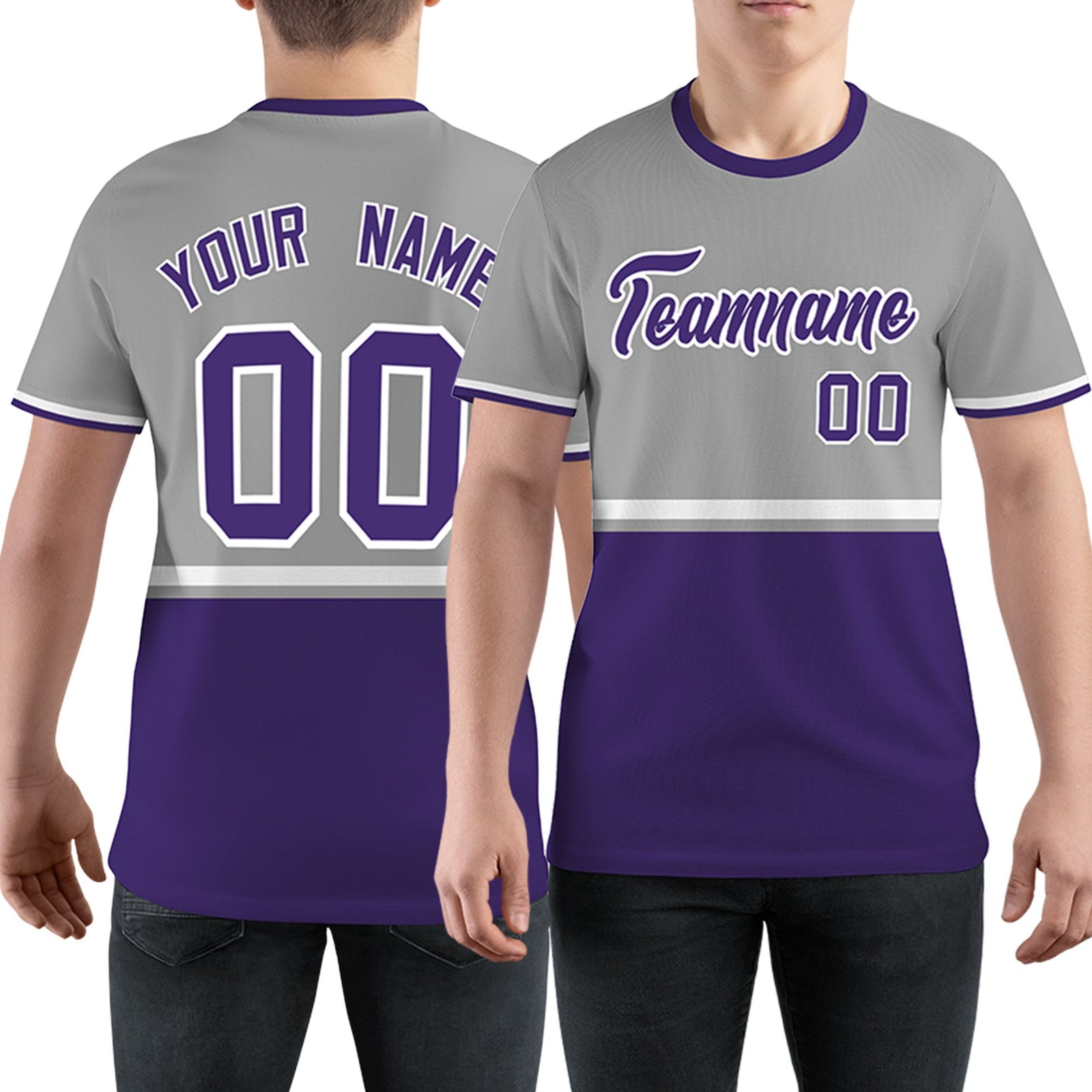 Custom Gray Purple-White Color Block Design Performance T-Shirt