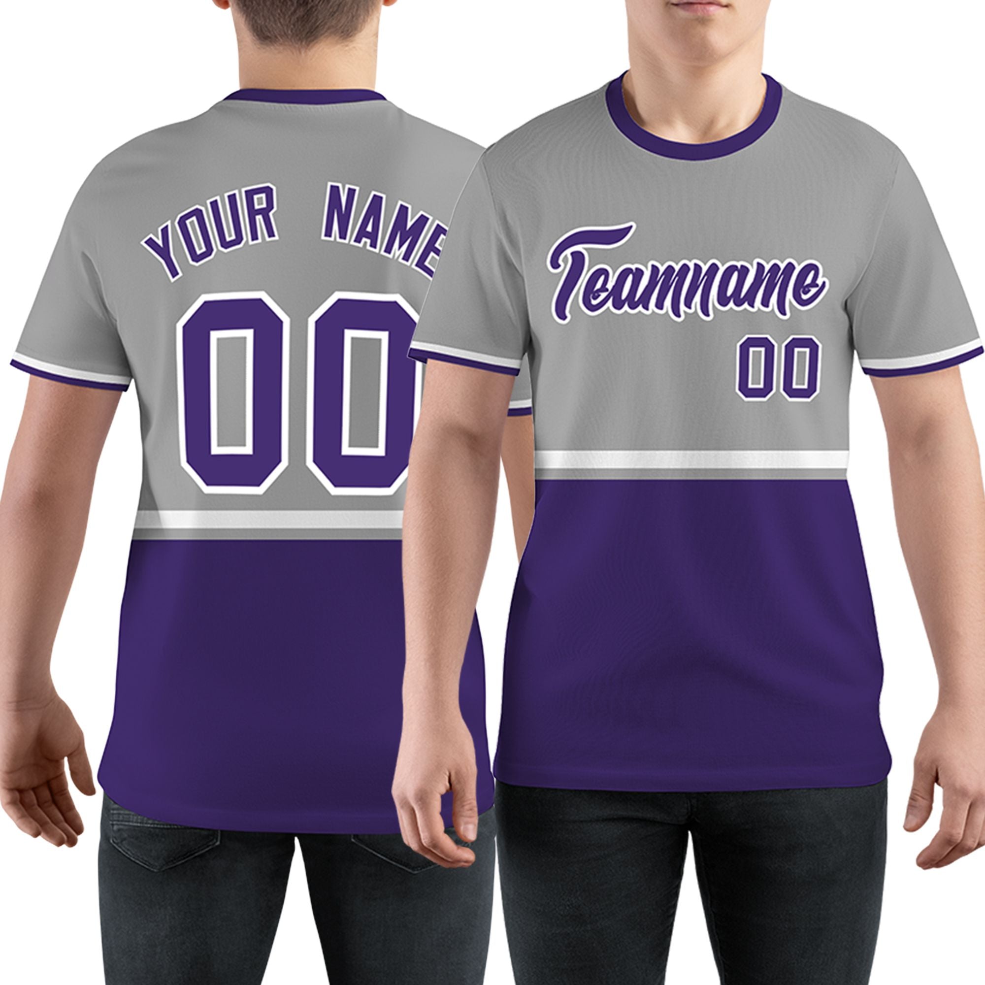 Custom Gray Purple-White Color Block Design Performance T-Shirt