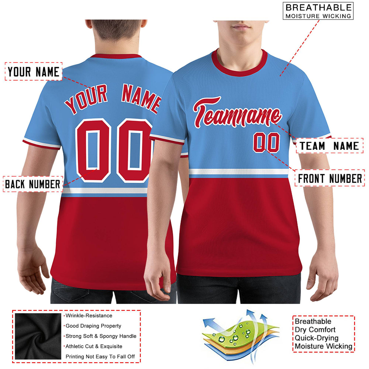 Custom Light Blue Red-White Color Block Design Performance T-Shirt