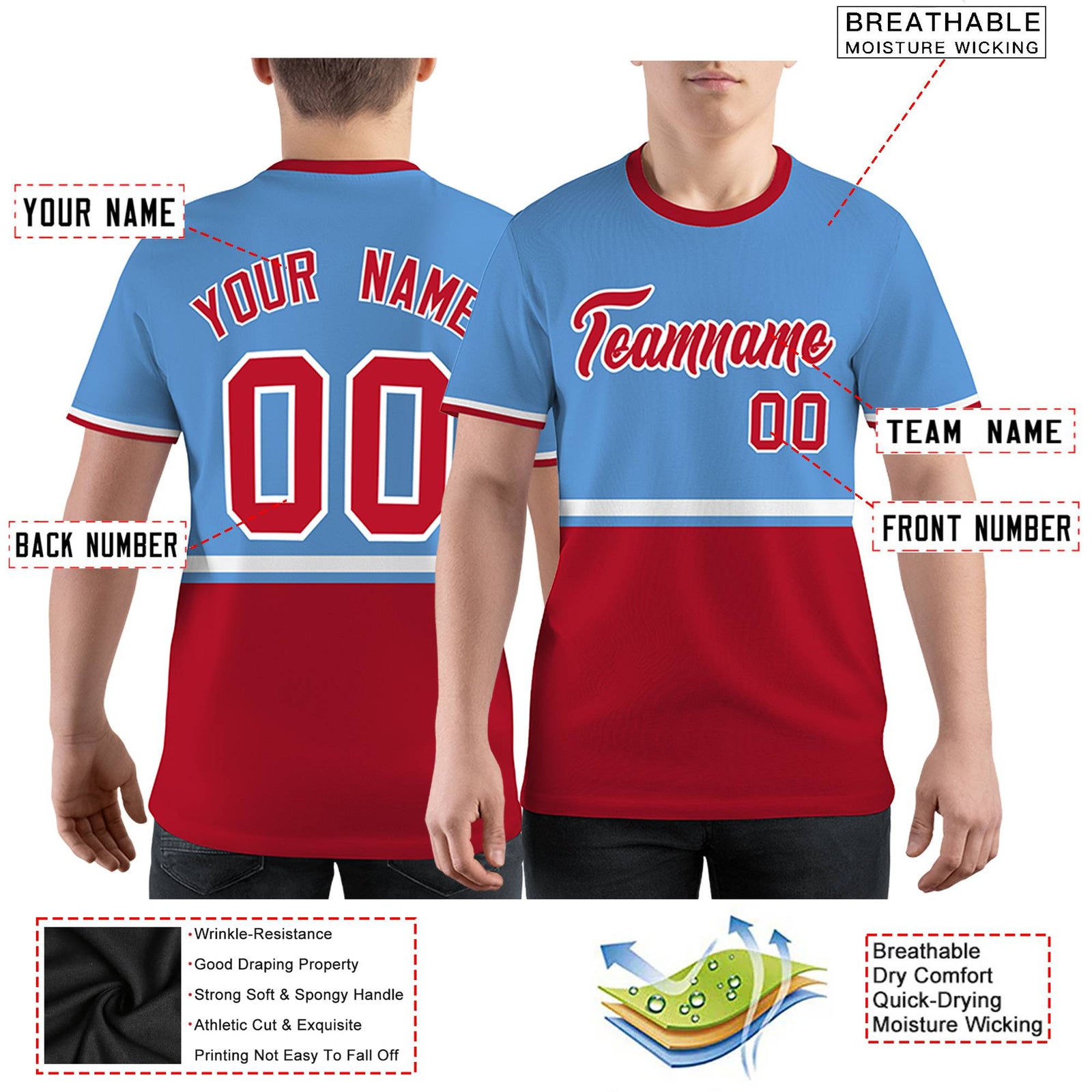 Custom Light Blue Red-White Color Block Design Performance T-Shirt