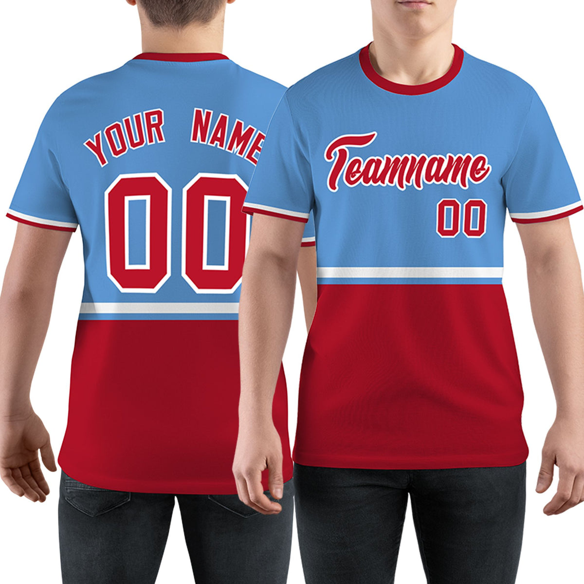 Custom Light Blue Red-White Color Block Design Performance T-Shirt