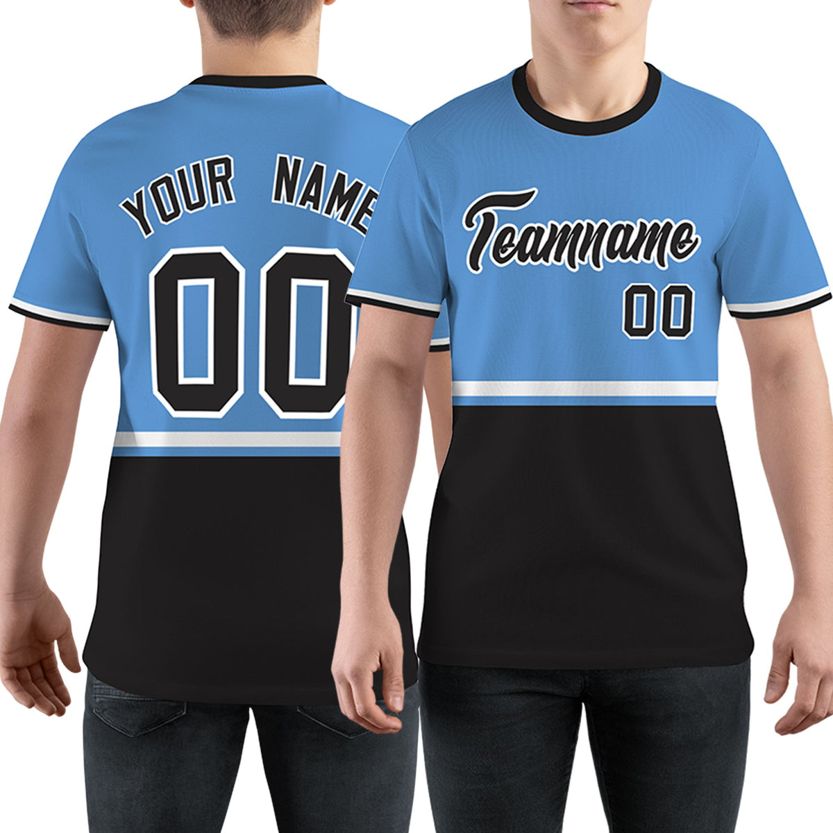 Custom Light Blue Black-White Color Block Design Performance T-Shirt