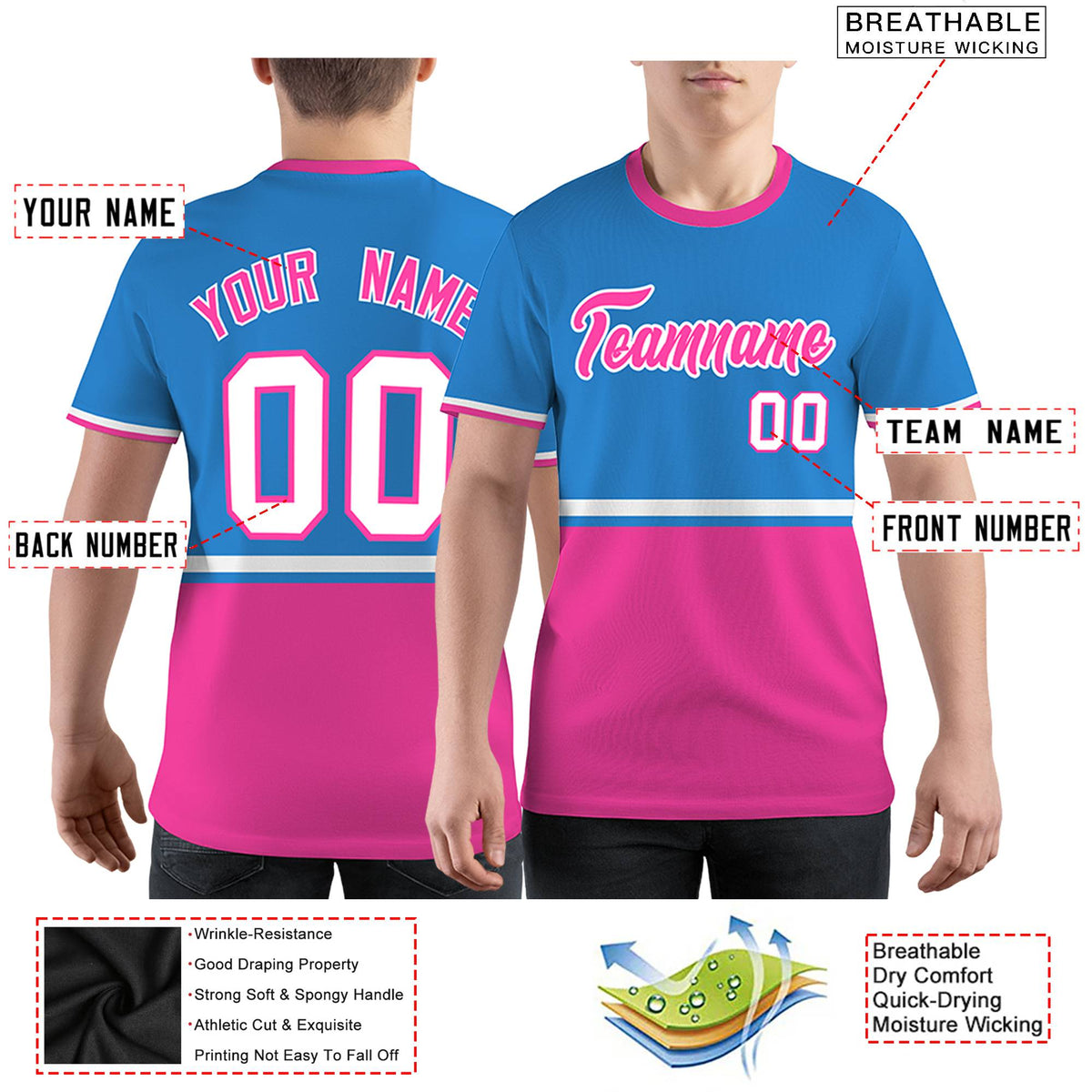 Custom Powder Blue Pink-White Color Block Design Performance T-Shirt