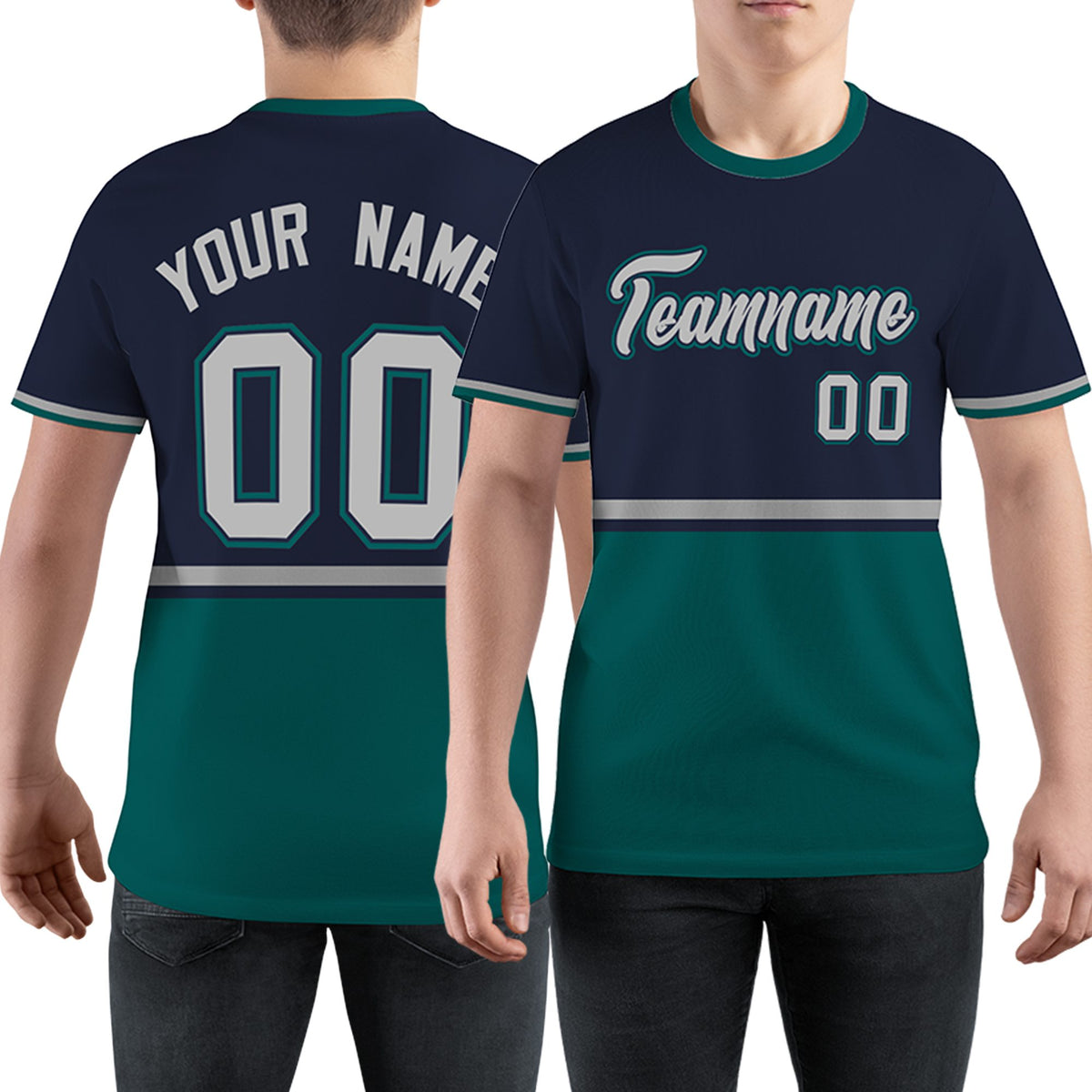 Custom Navy Midnight Green-Gray Color Block Design Performance T-Shirt