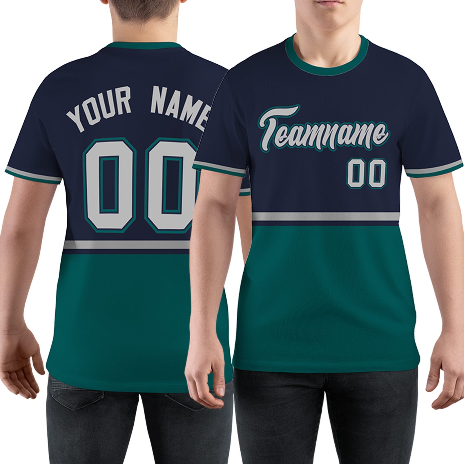 Custom Navy Midnight Green-Gray Color Block Design Performance T-Shirt