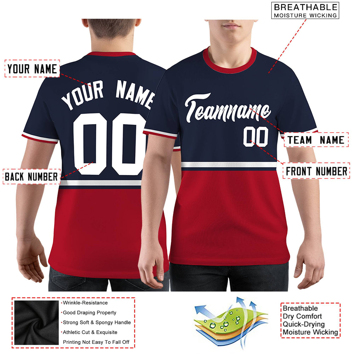 Custom Navy Red-White Color Block Design Performance T-Shirt