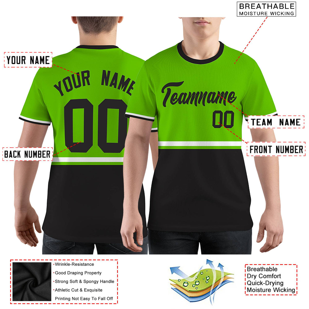 Custom Neon Green Black-White Color Block Design Performance T-Shirt