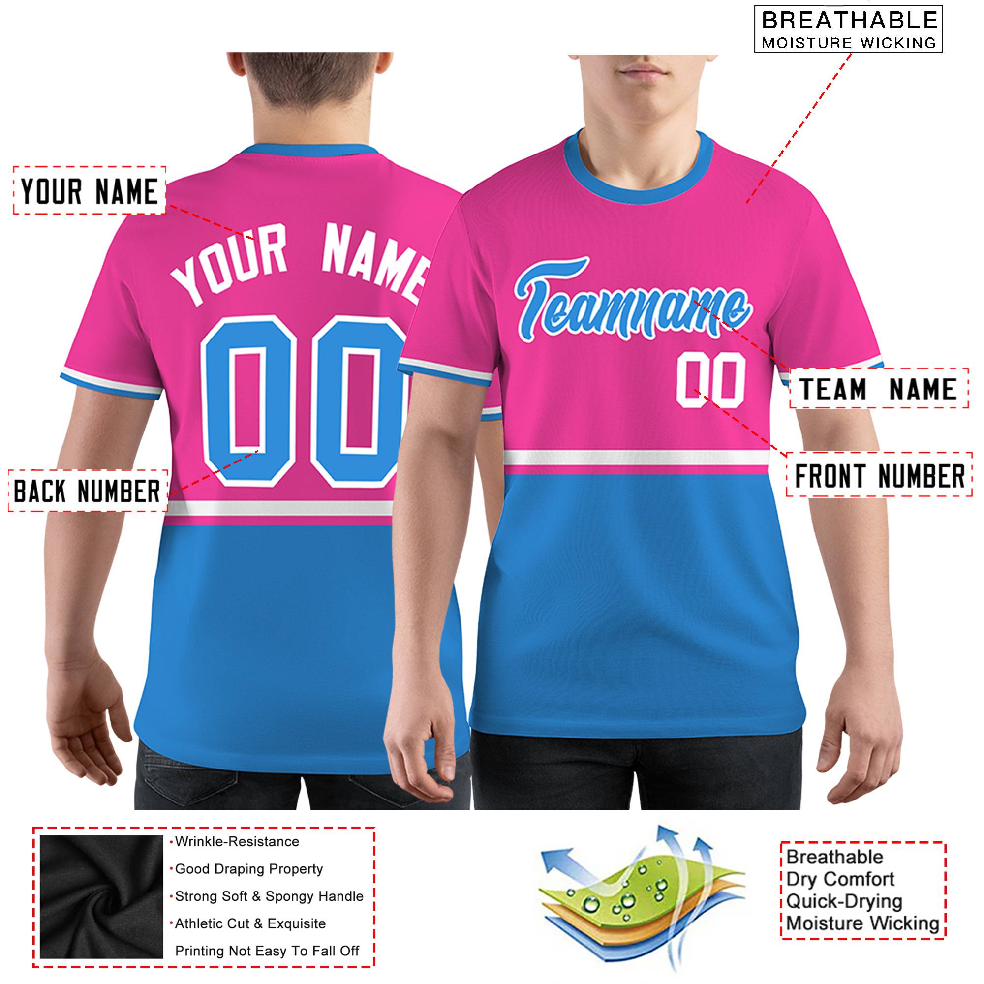 Custom Pink Powder Blue-White Color Block Design Performance T-Shirt