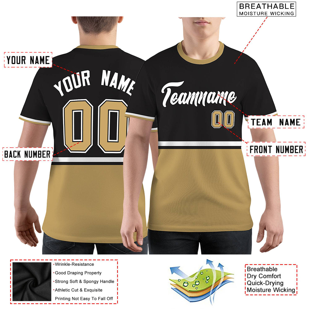 Custom Black Old Gold-White Color Block Design Performance T-Shirt