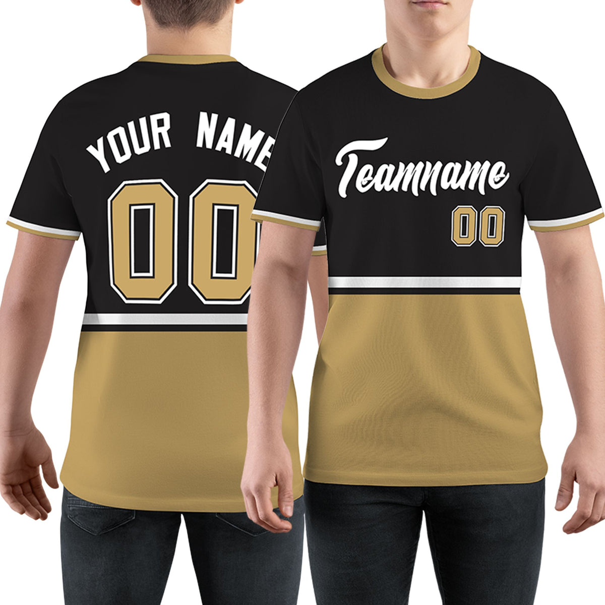 Custom Black Old Gold-White Color Block Design Performance T-Shirt