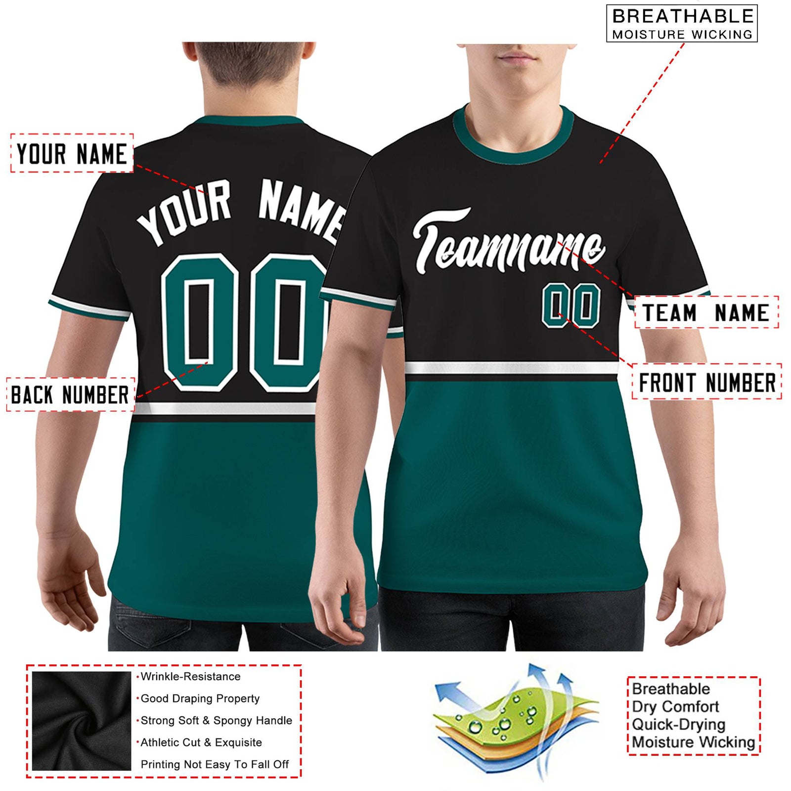 Custom Black Midnight Green-White Color Block Design Performance T-Shirt