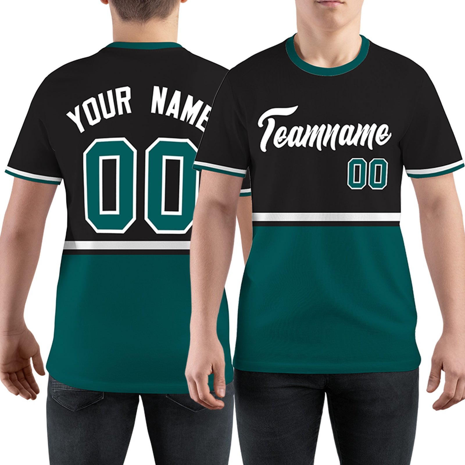Custom Black Midnight Green-White Color Block Design Performance T-Shirt