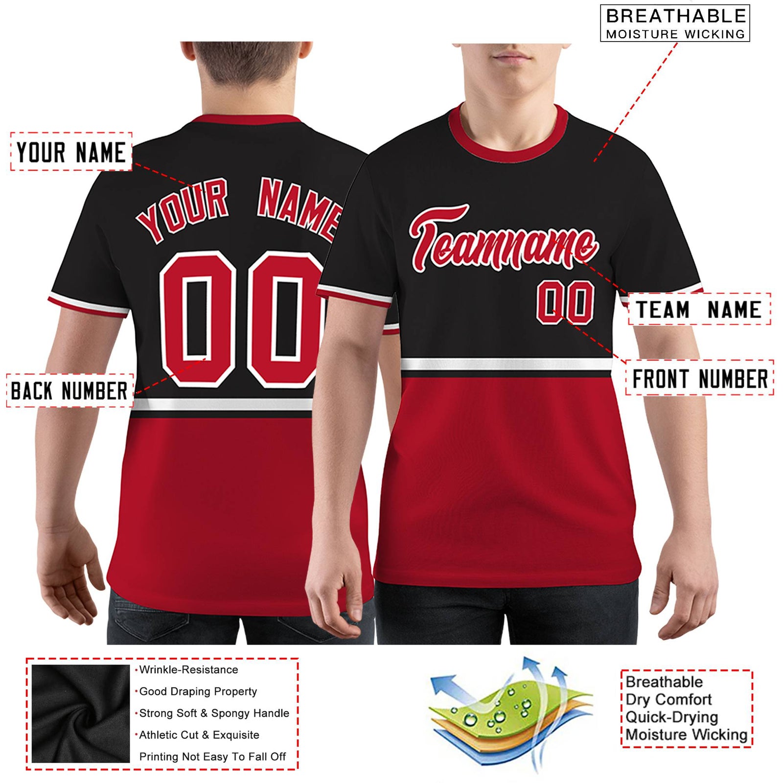 Custom Black Red-White Color Block Design Performance T-Shirt