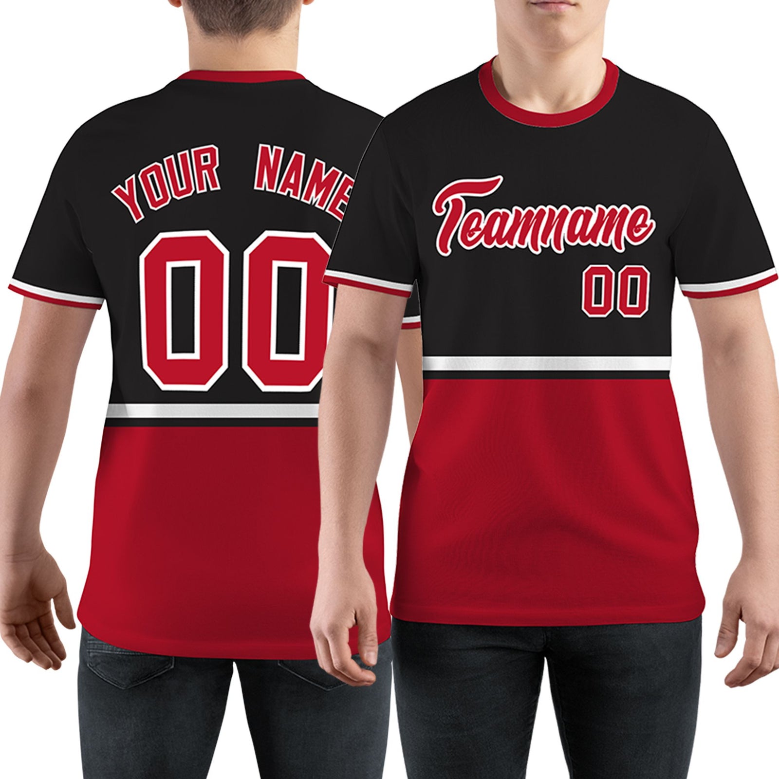Custom Black Red-White Color Block Design Performance T-Shirt