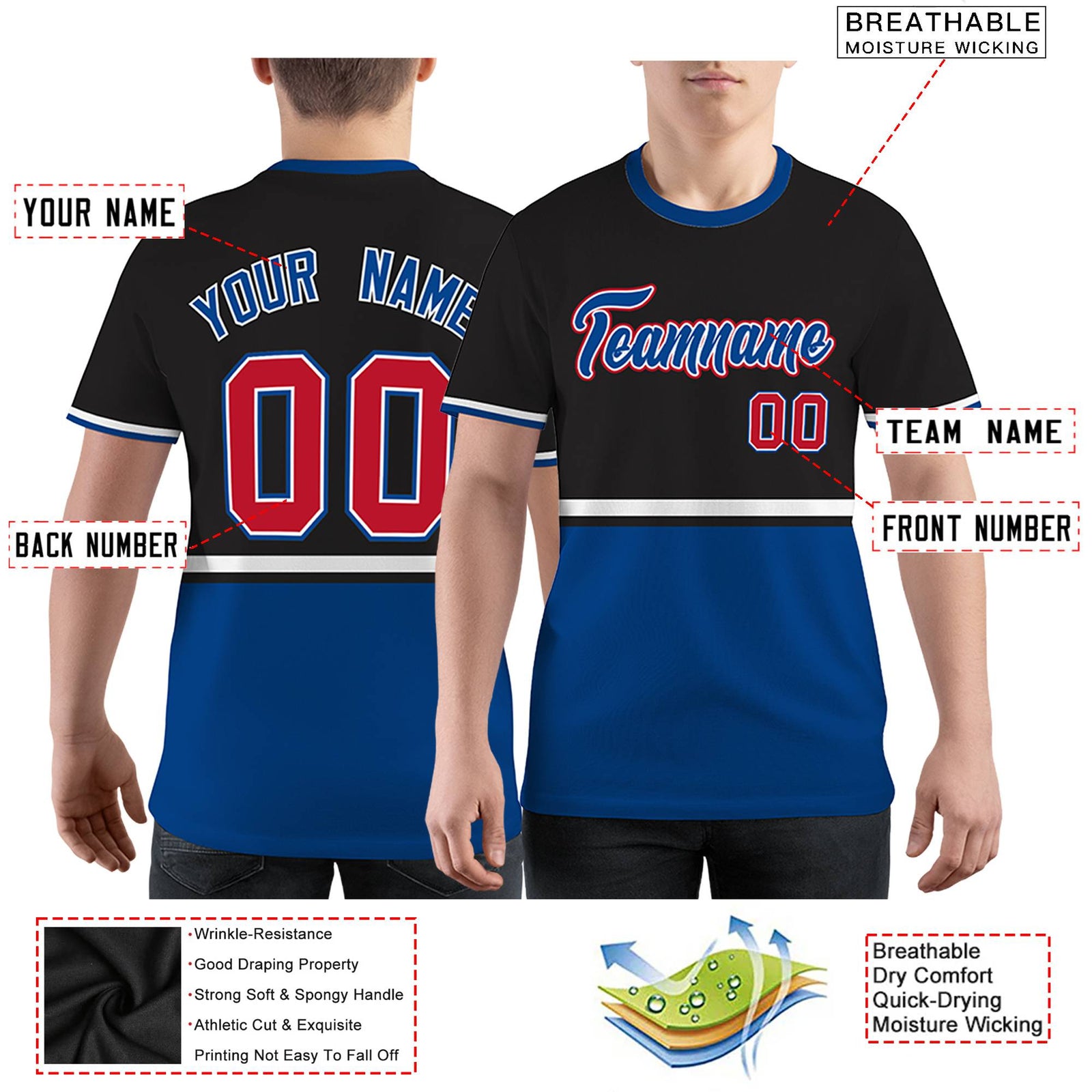 Custom Black Royal Blue-White Color Block Design Performance T-Shirt