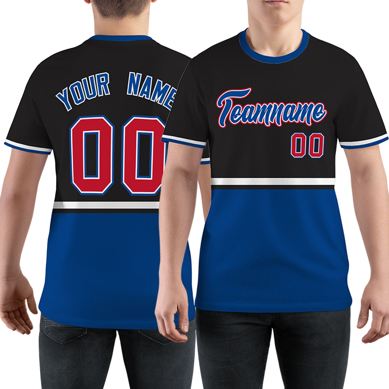 Custom Black Royal Blue-White Color Block Design Performance T-Shirt
