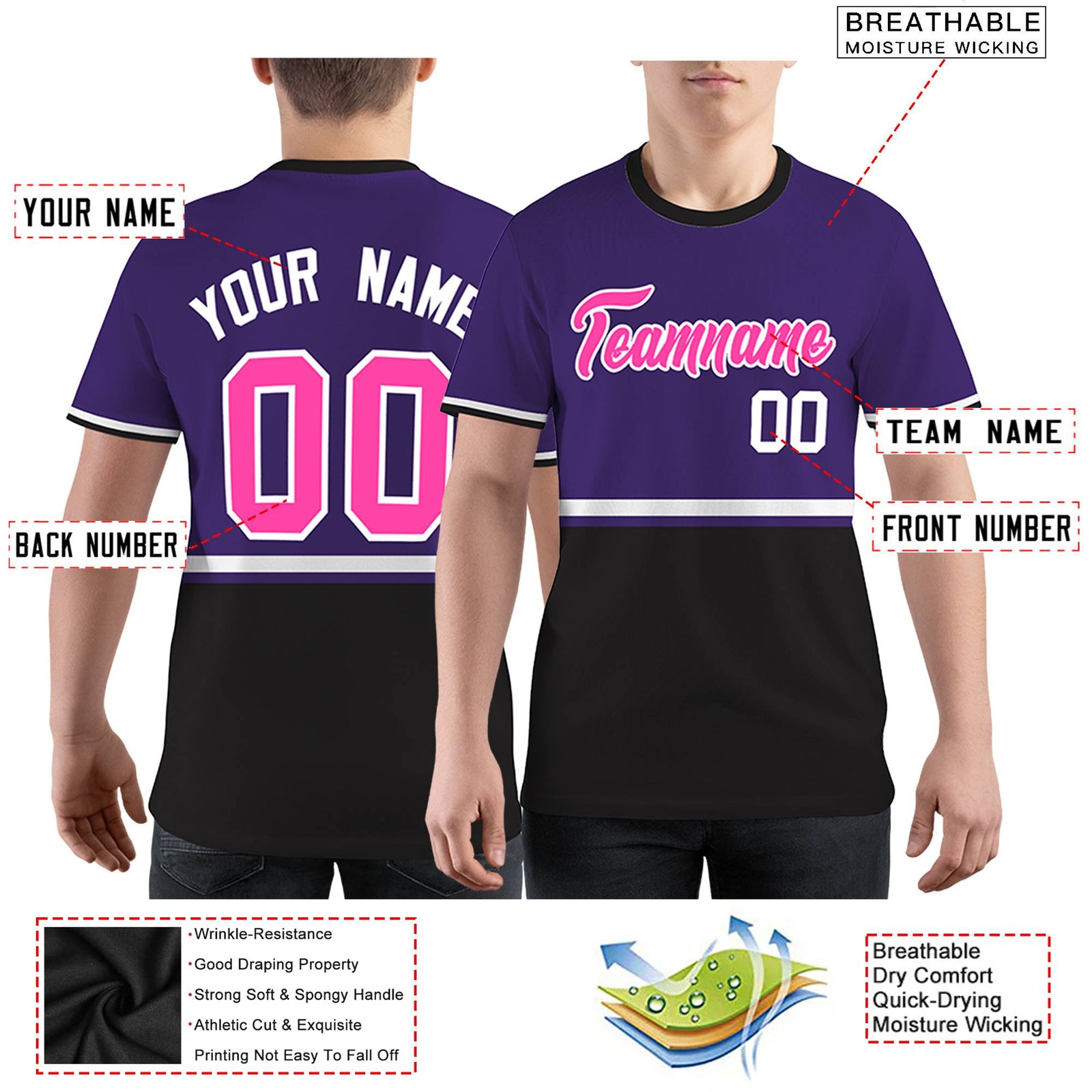 Custom Purple Black-White Color Block Design Performance T-Shirt