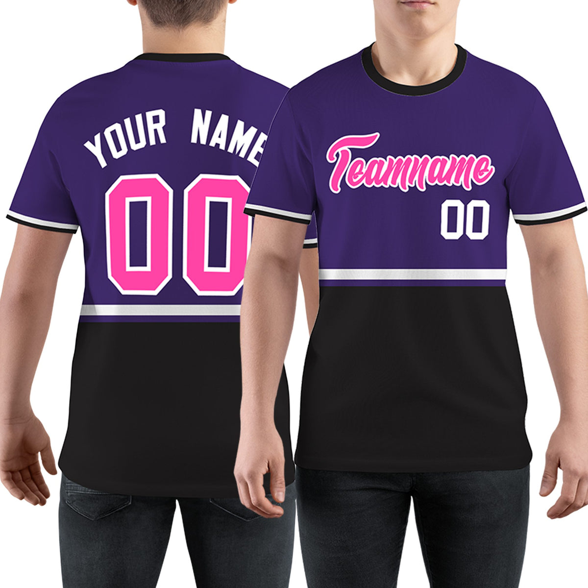 Custom Purple Black-White Color Block Design Performance T-Shirt