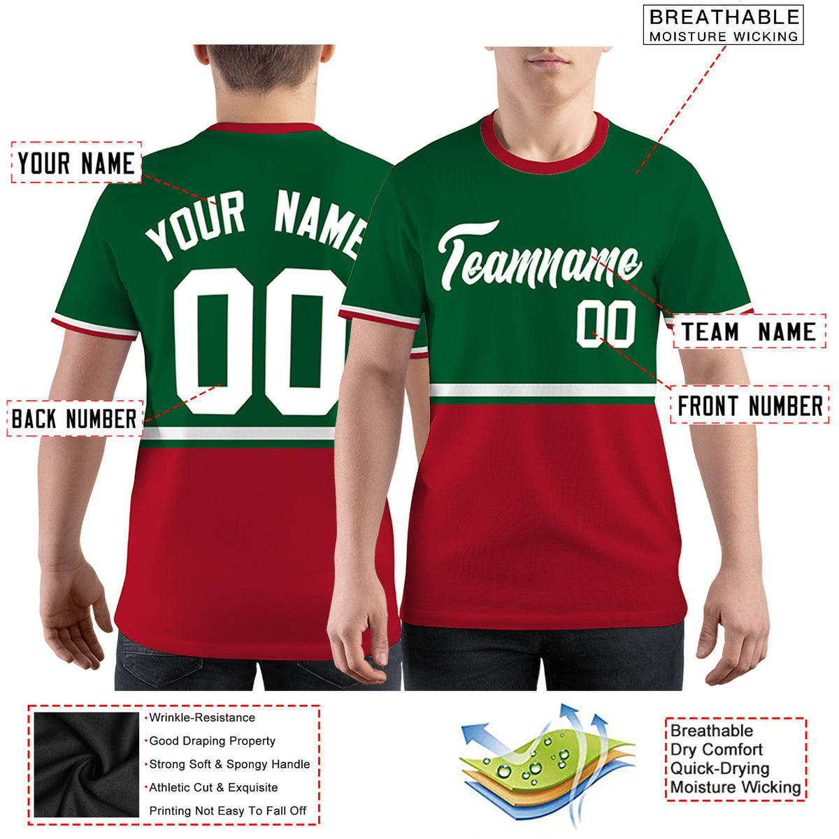 Custom Kelly Green Red-White Color Block Design Performance T-Shirt