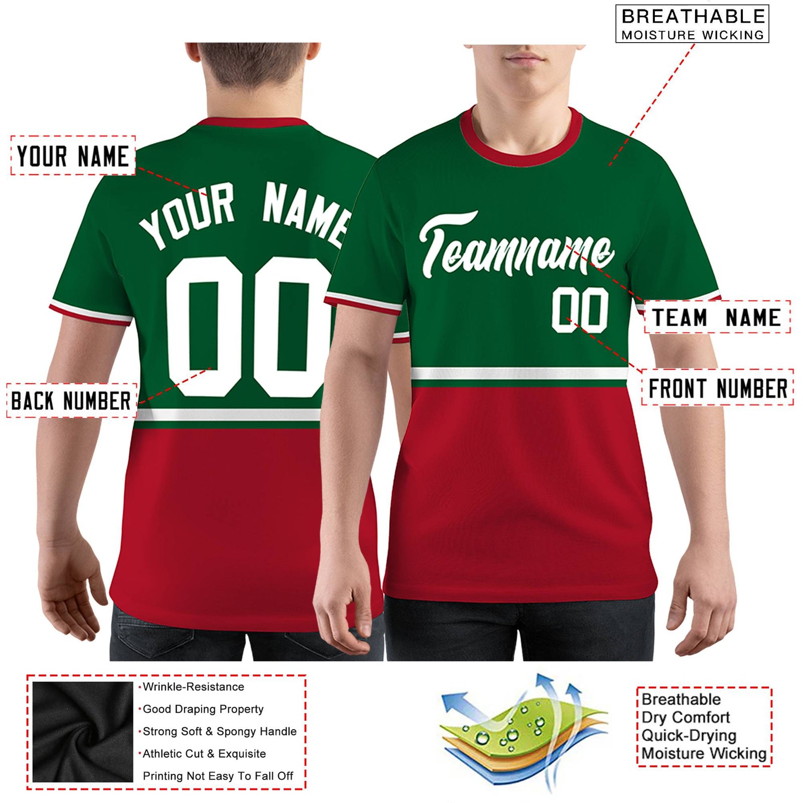 Custom Kelly Green Red-White Color Block Design Performance T-Shirt