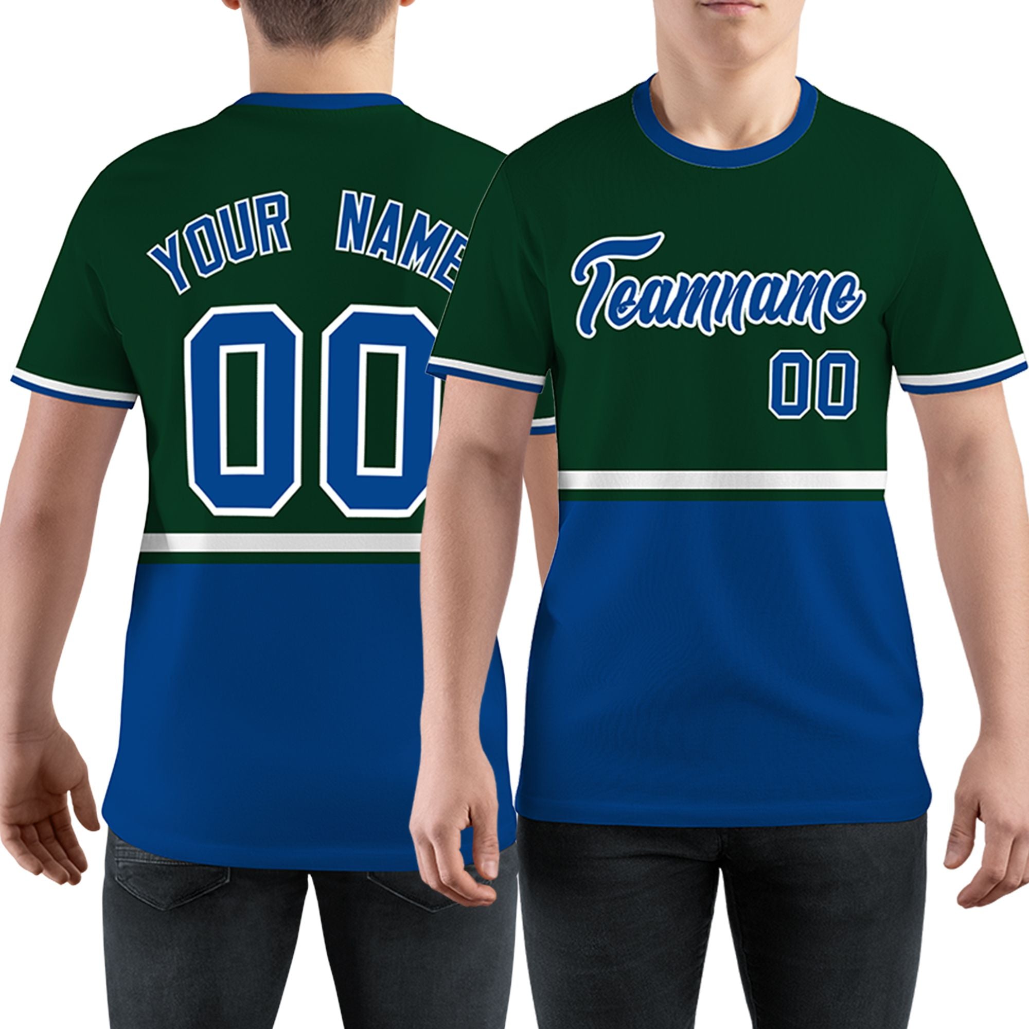 Custom Green Royal Blue-White Color Block Design Performance T-Shirt