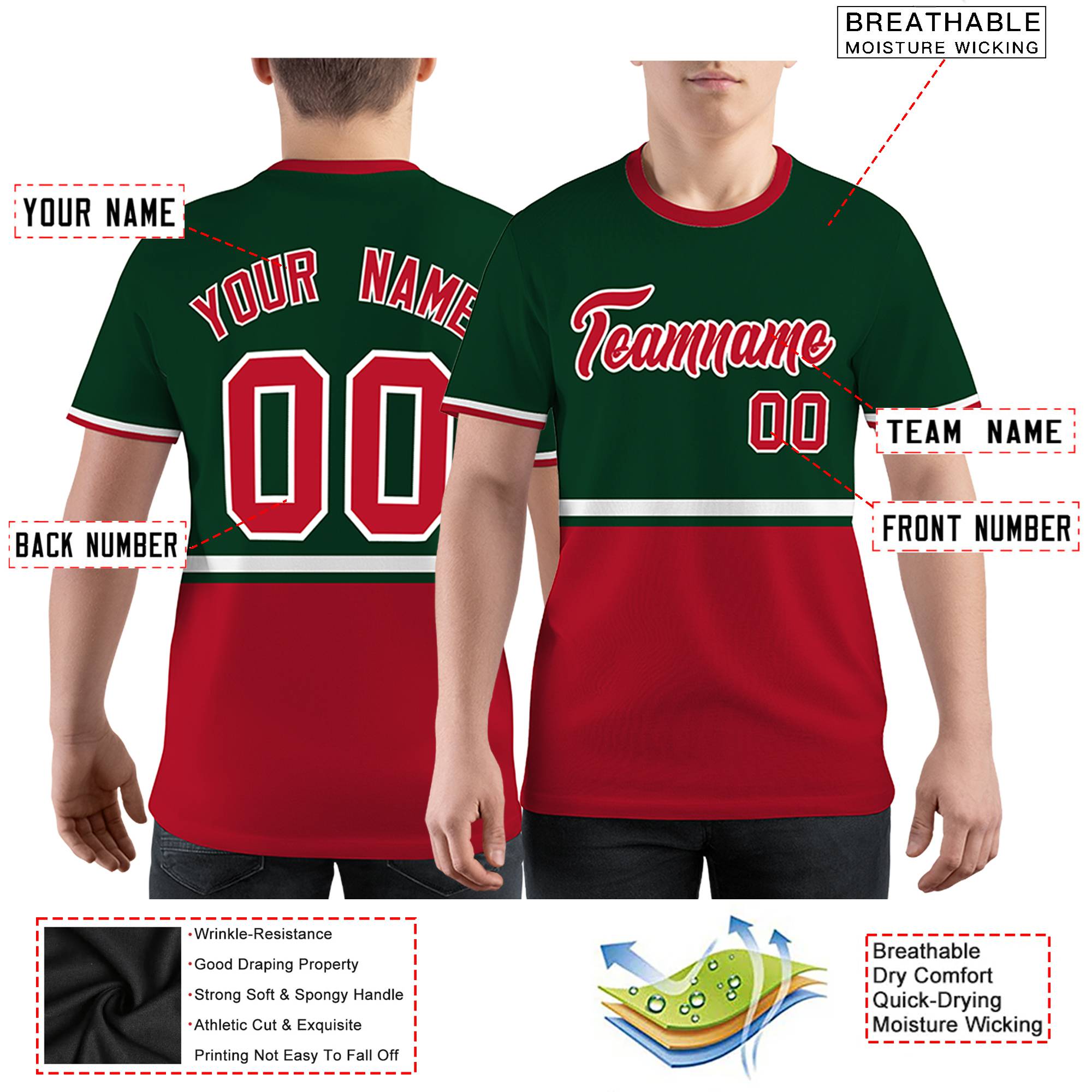 Custom Green Red-White Color Block Design Performance T-Shirt