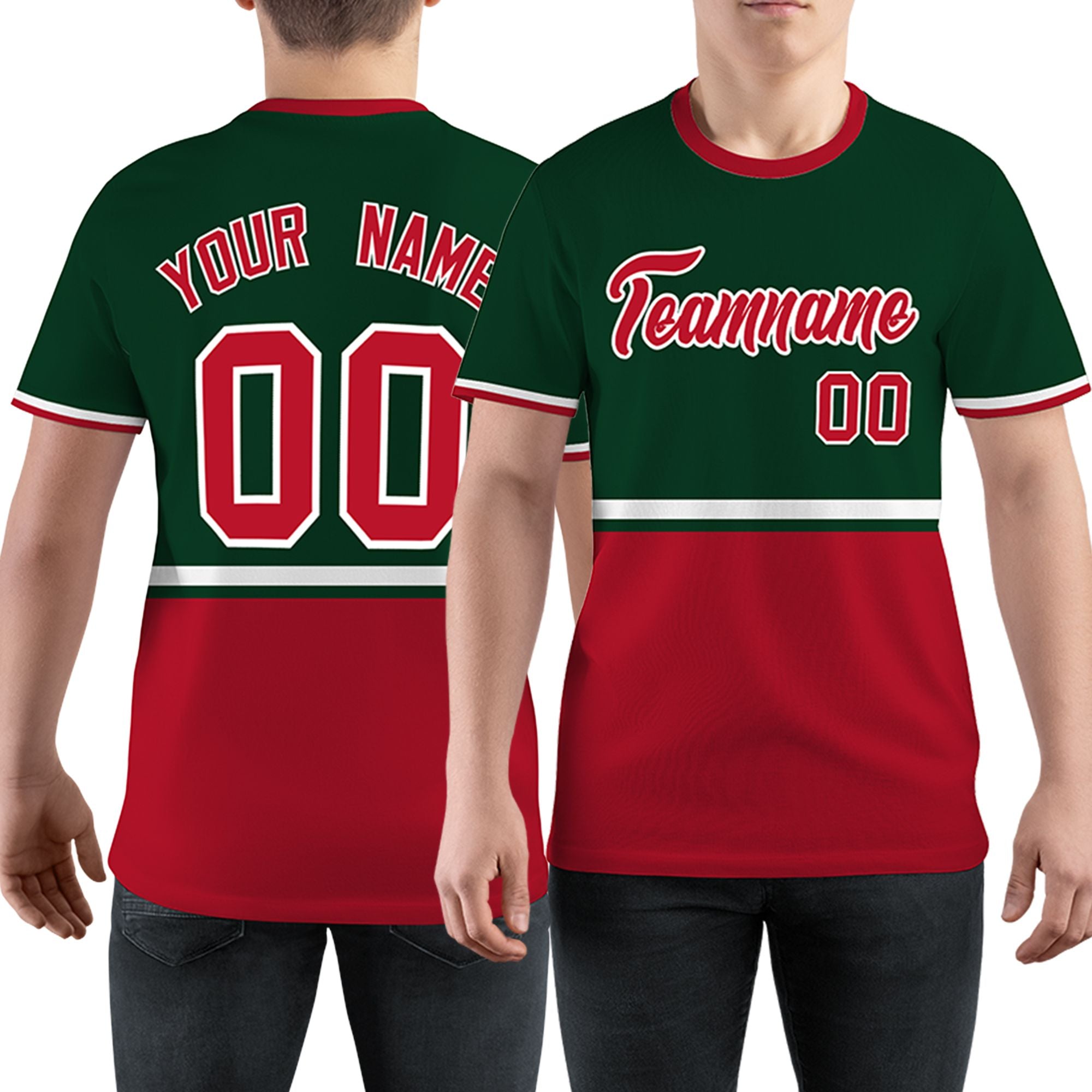 Custom Green Red-White Color Block Design Performance T-Shirt