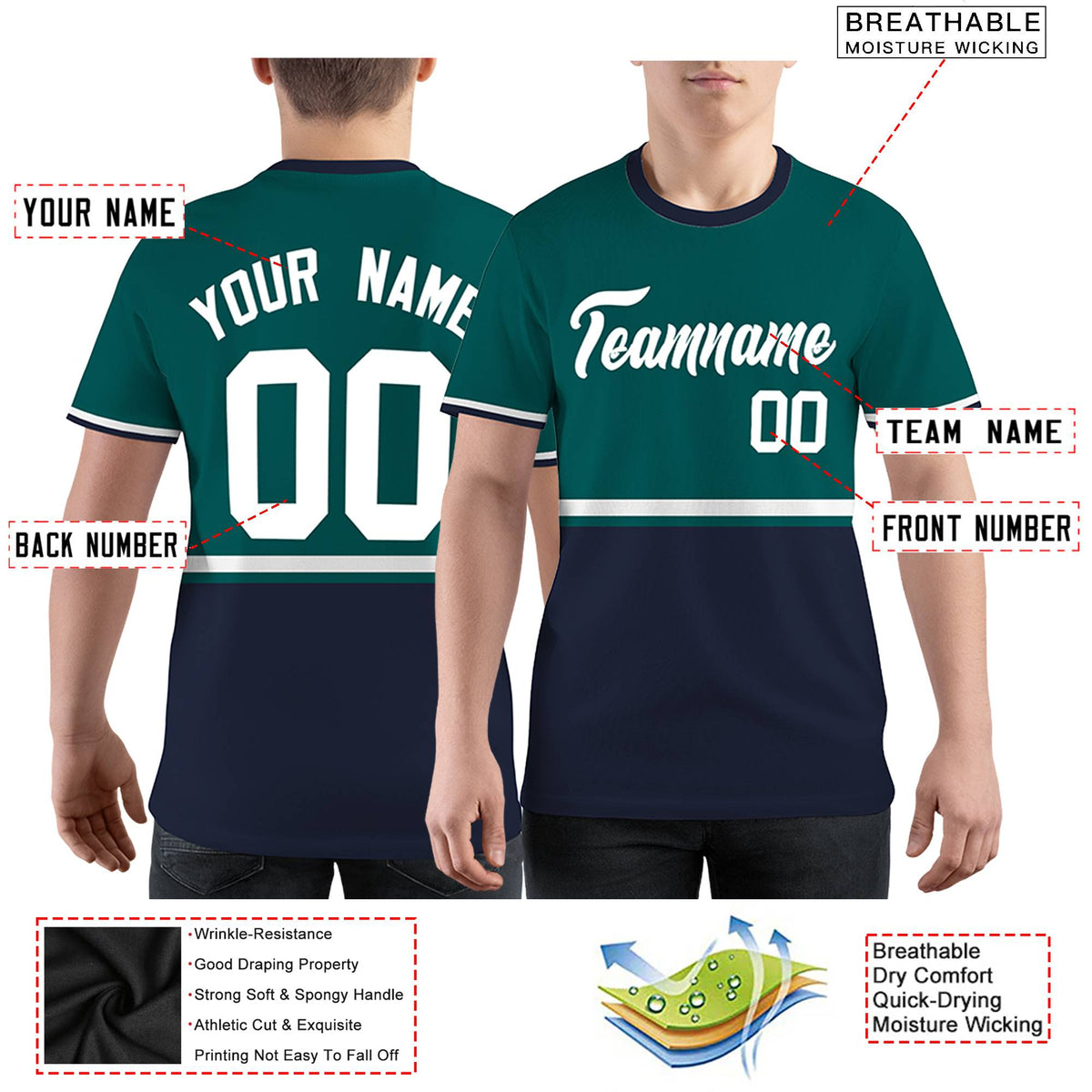 Custom Green Navy-White Color Block Design Performance T-Shirt