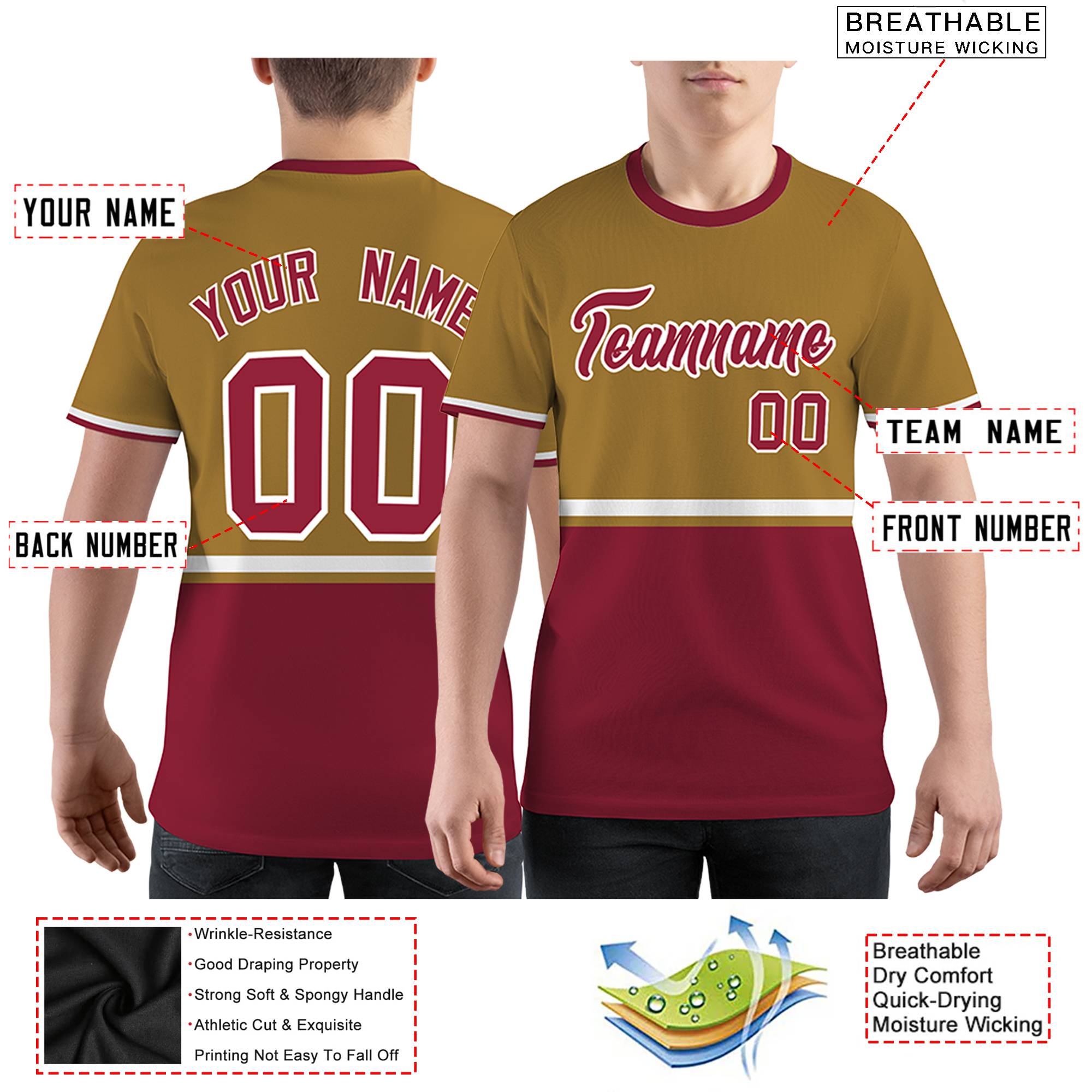 Custom Khaki Crimson-White Color Block Design Performance T-Shirt