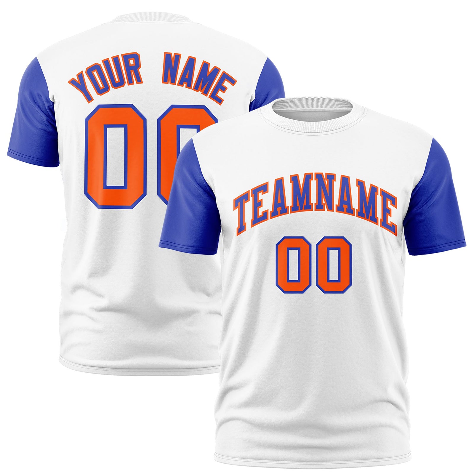 Custom White Royal Blue Orange Crew Neck Personalized Raglan Sleeve Performance T-shirt