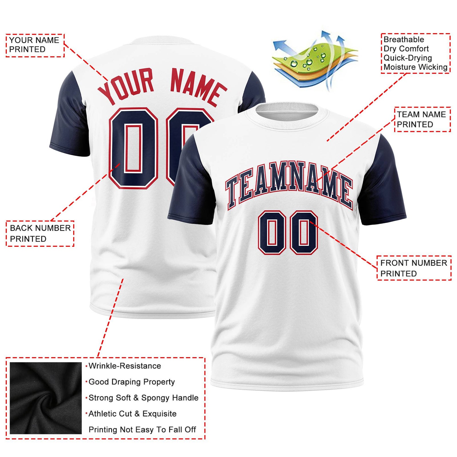 Custom White Navy Red Crew Neck Personalized Raglan Sleeve Performance T-shirt