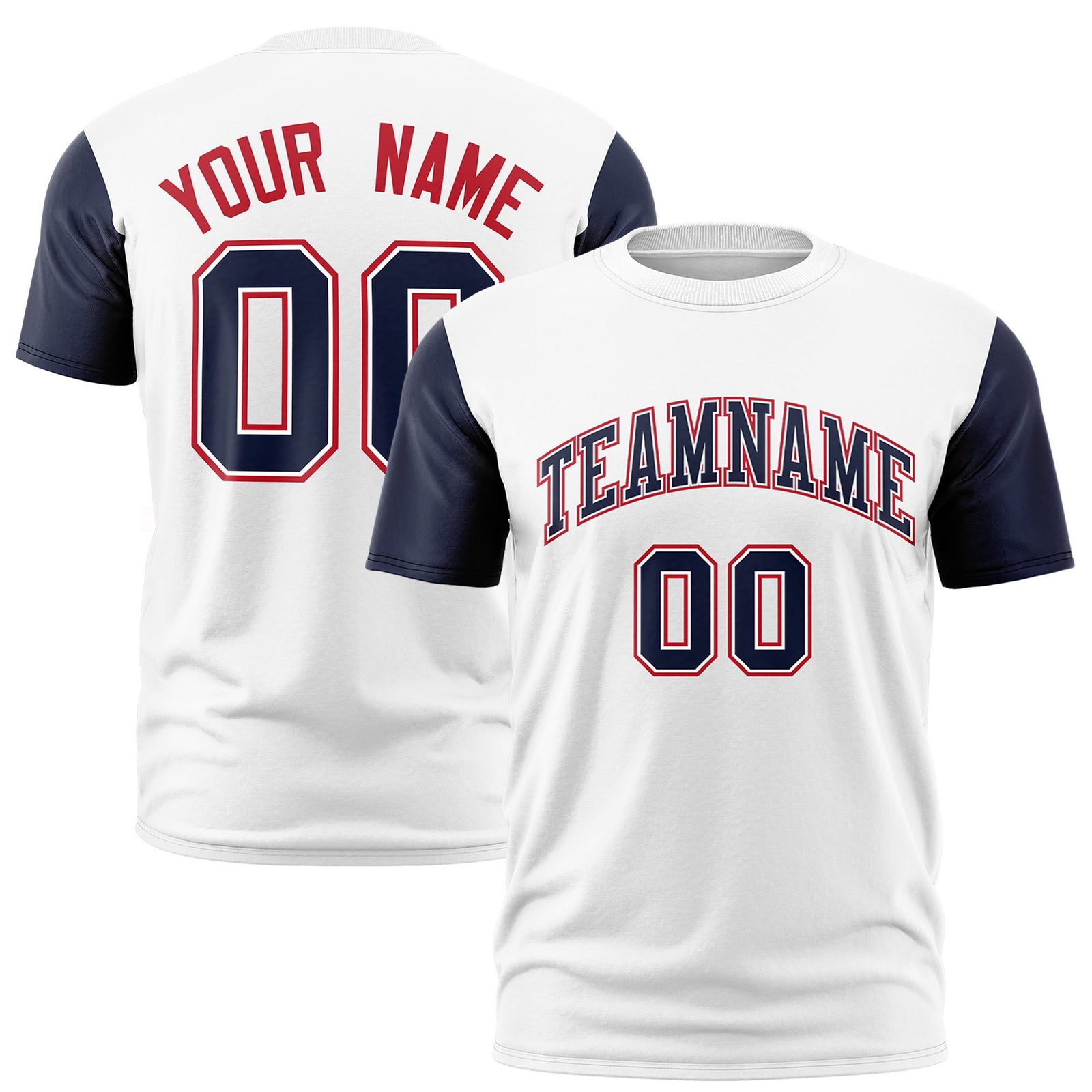 Custom White Navy Red Crew Neck Personalized Raglan Sleeve Performance T-shirt