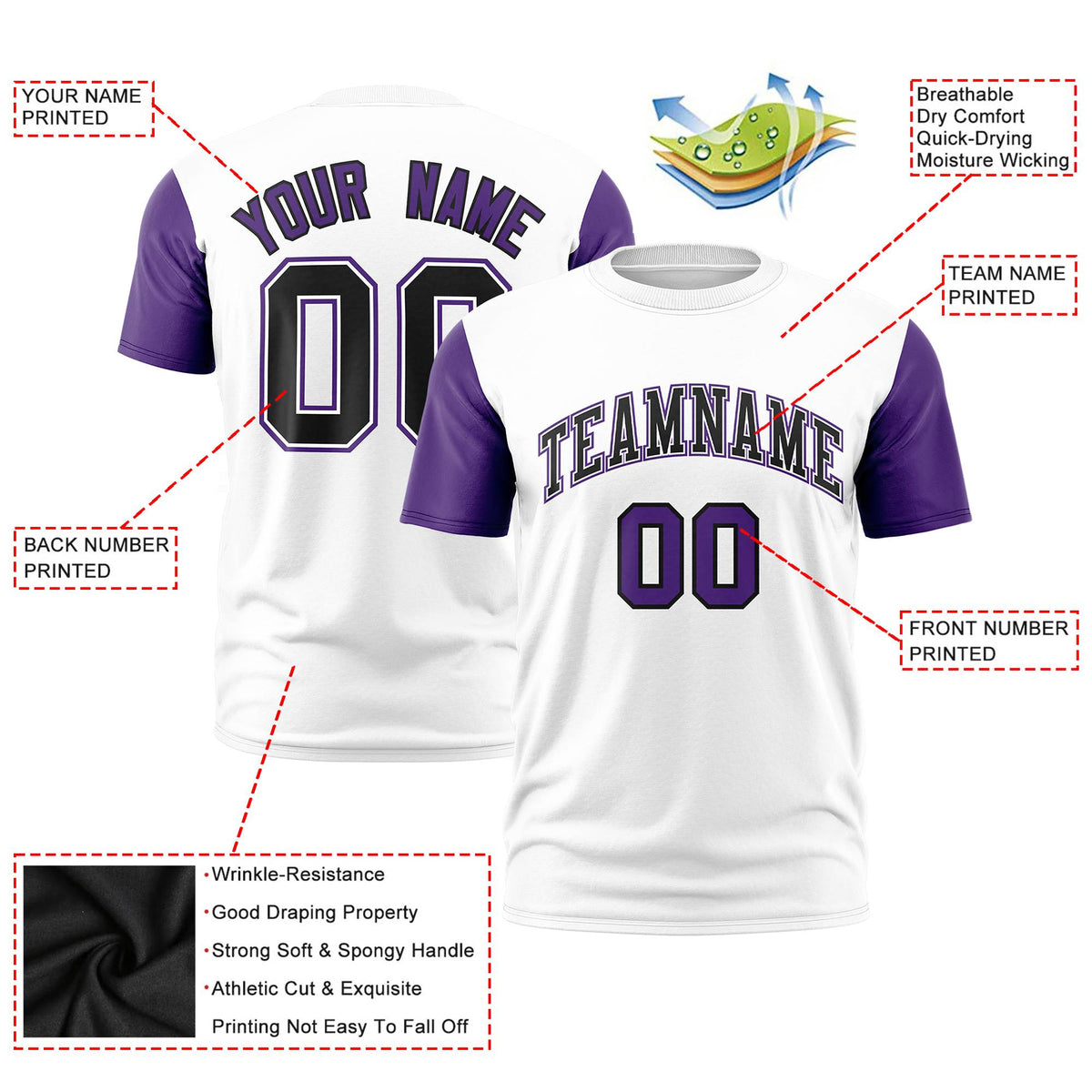 Custom White Purple Black Crew Neck Personalized Raglan Sleeve Performance T-shirt