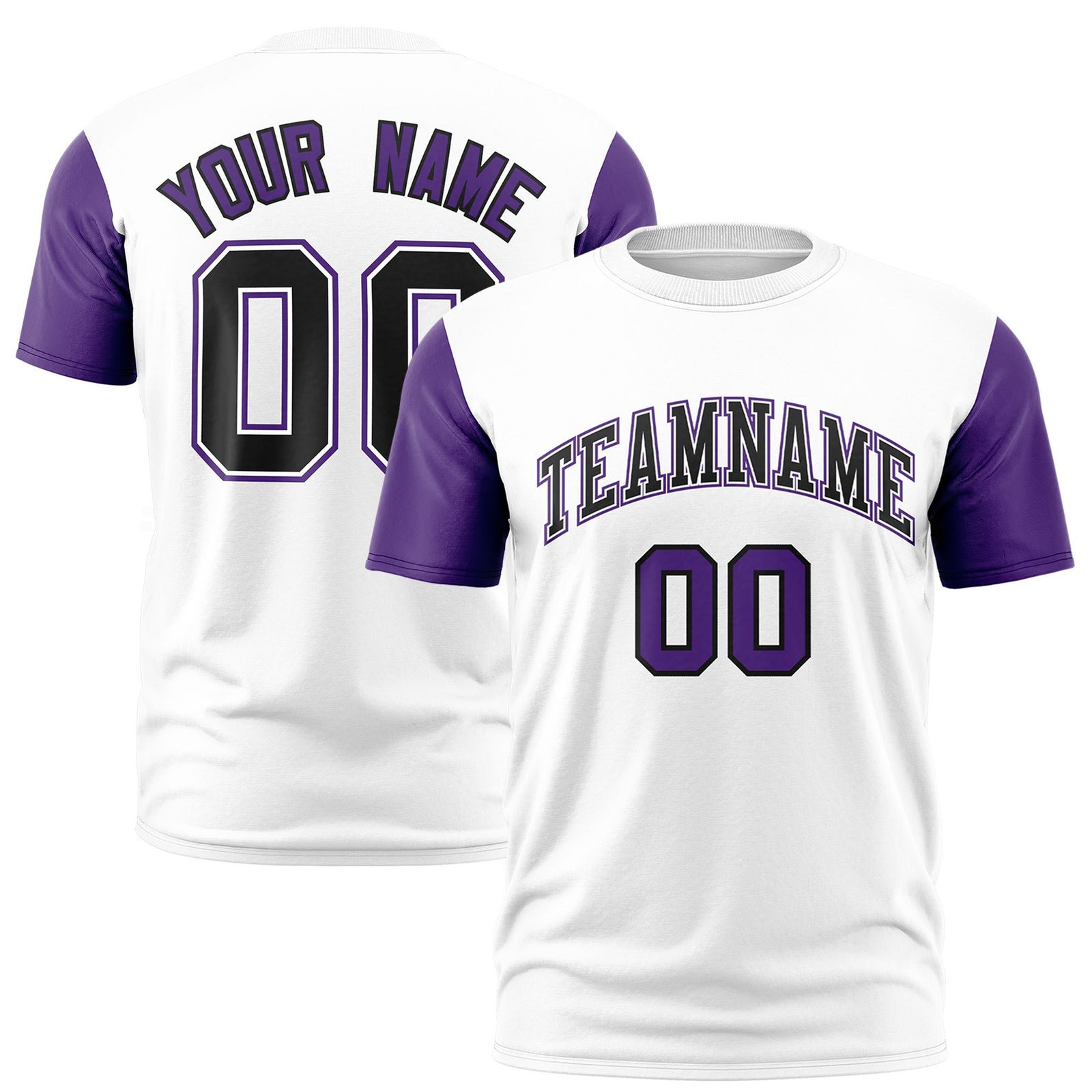 Custom White Purple Black Crew Neck Personalized Raglan Sleeve Performance T-shirt
