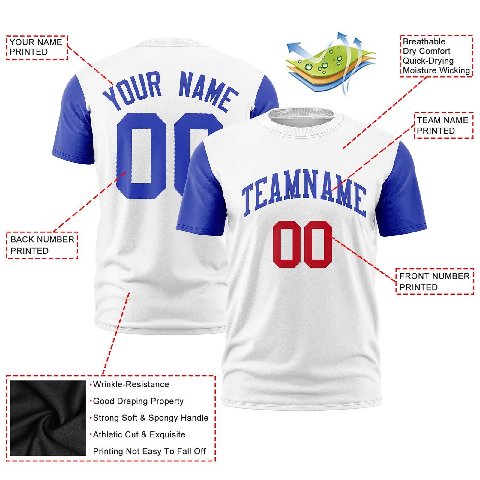 Custom White Royal Blue Red Crew Neck Personalized Raglan Sleeve Performance T-shirt