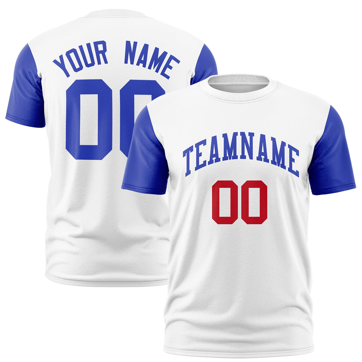 Custom White Royal Blue Red Crew Neck Personalized Raglan Sleeve Performance T-shirt