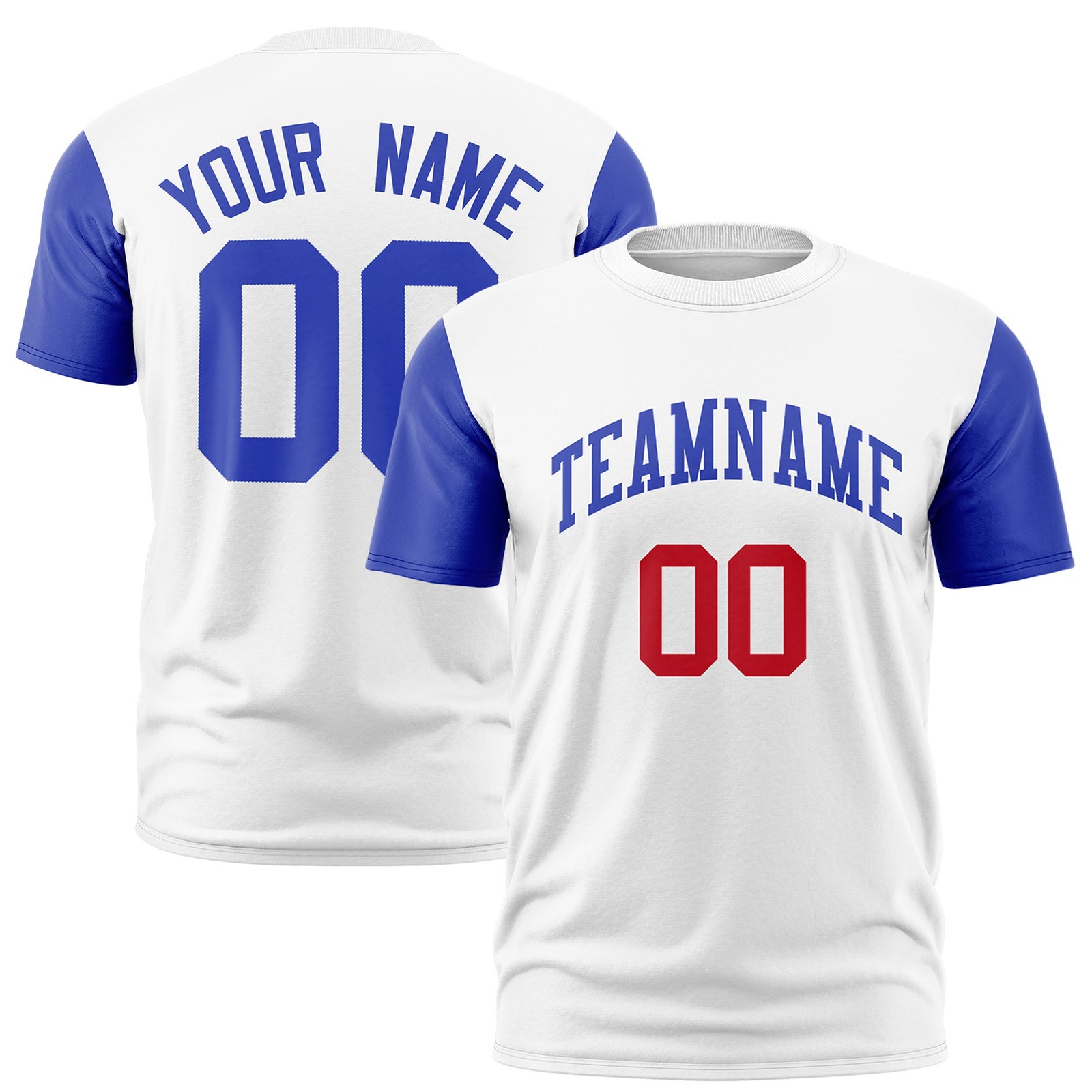 Custom White Royal Blue Red Crew Neck Personalized Raglan Sleeve Performance T-shirt
