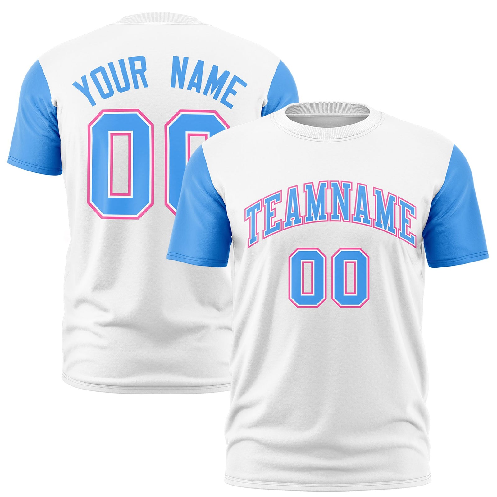 Custom White Powder Blue Pink Crew Neck Personalized Raglan Sleeve Performance T-shirt