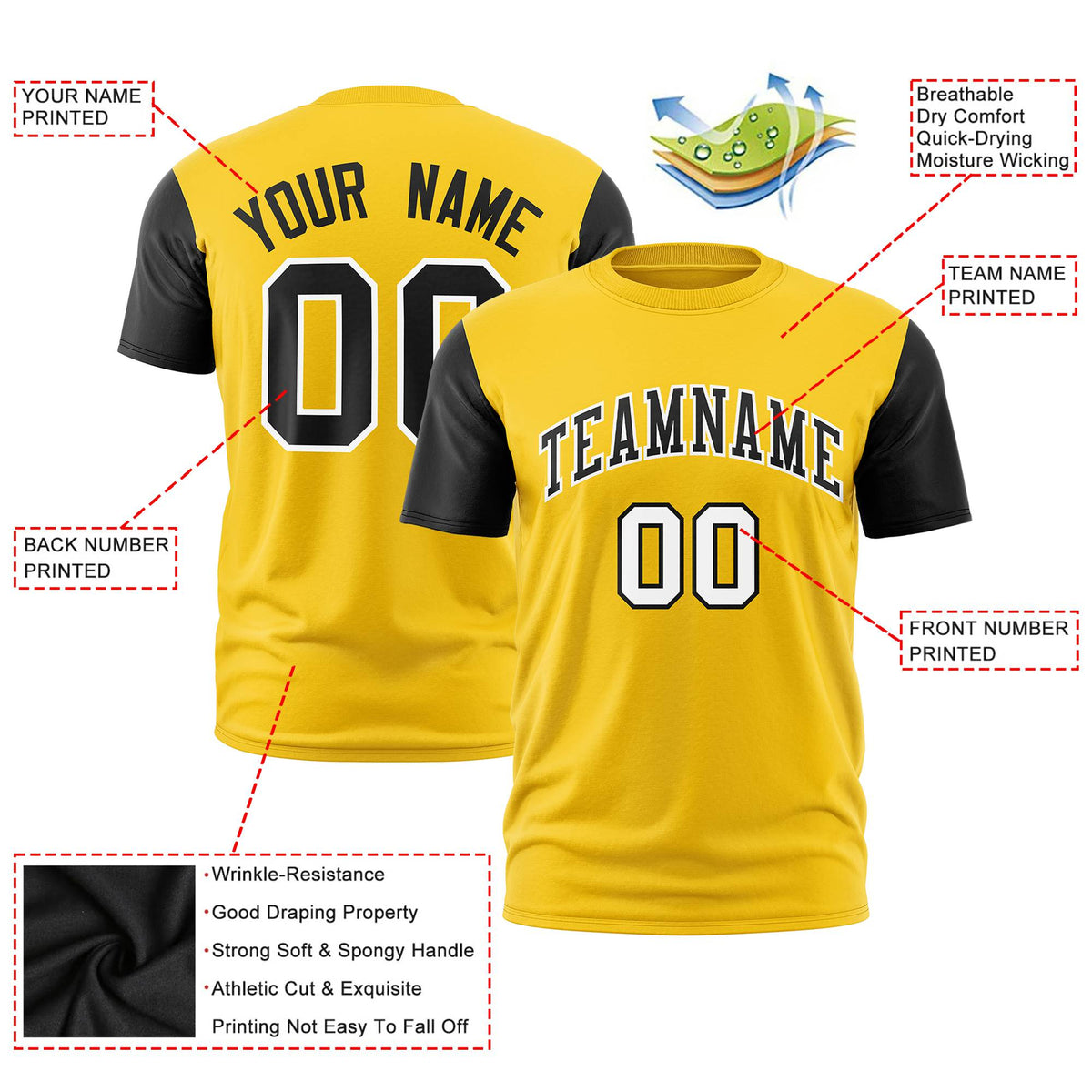 Custom Yellow Black White Crew Neck Personalized Raglan Sleeve Performance T-shirt