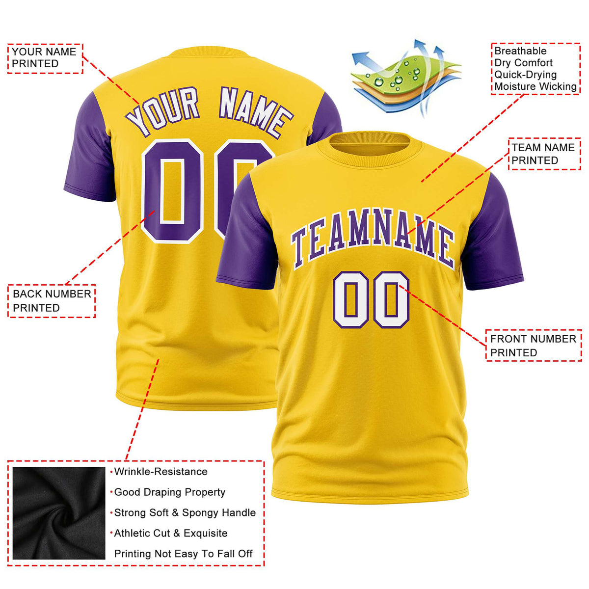 Custom Yellow Purple White Crew Neck Personalized Raglan Sleeve Performance T-shirt
