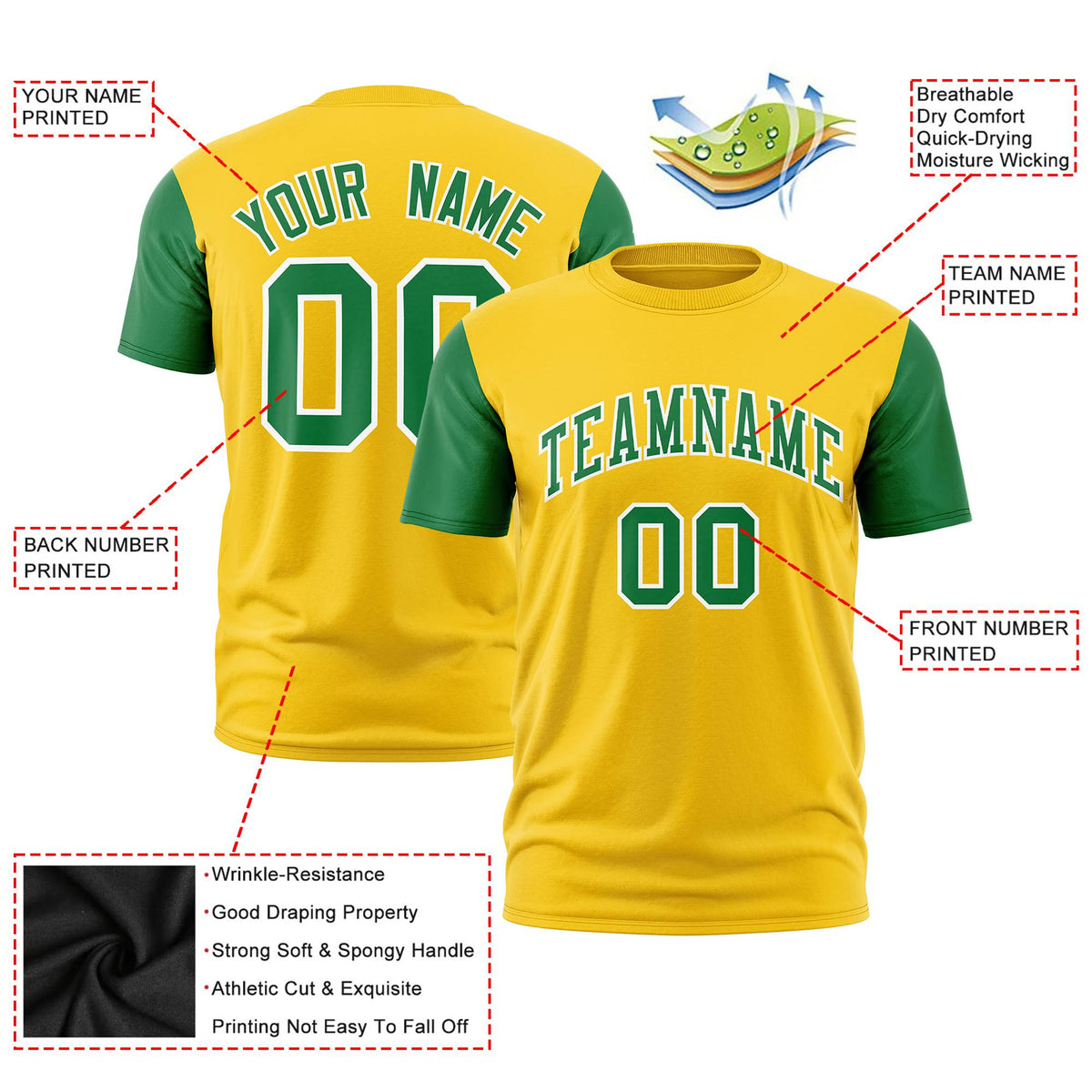 Custom Yellow Kelly Green White Crew Neck Personalized Raglan Sleeve Performance T-shirt